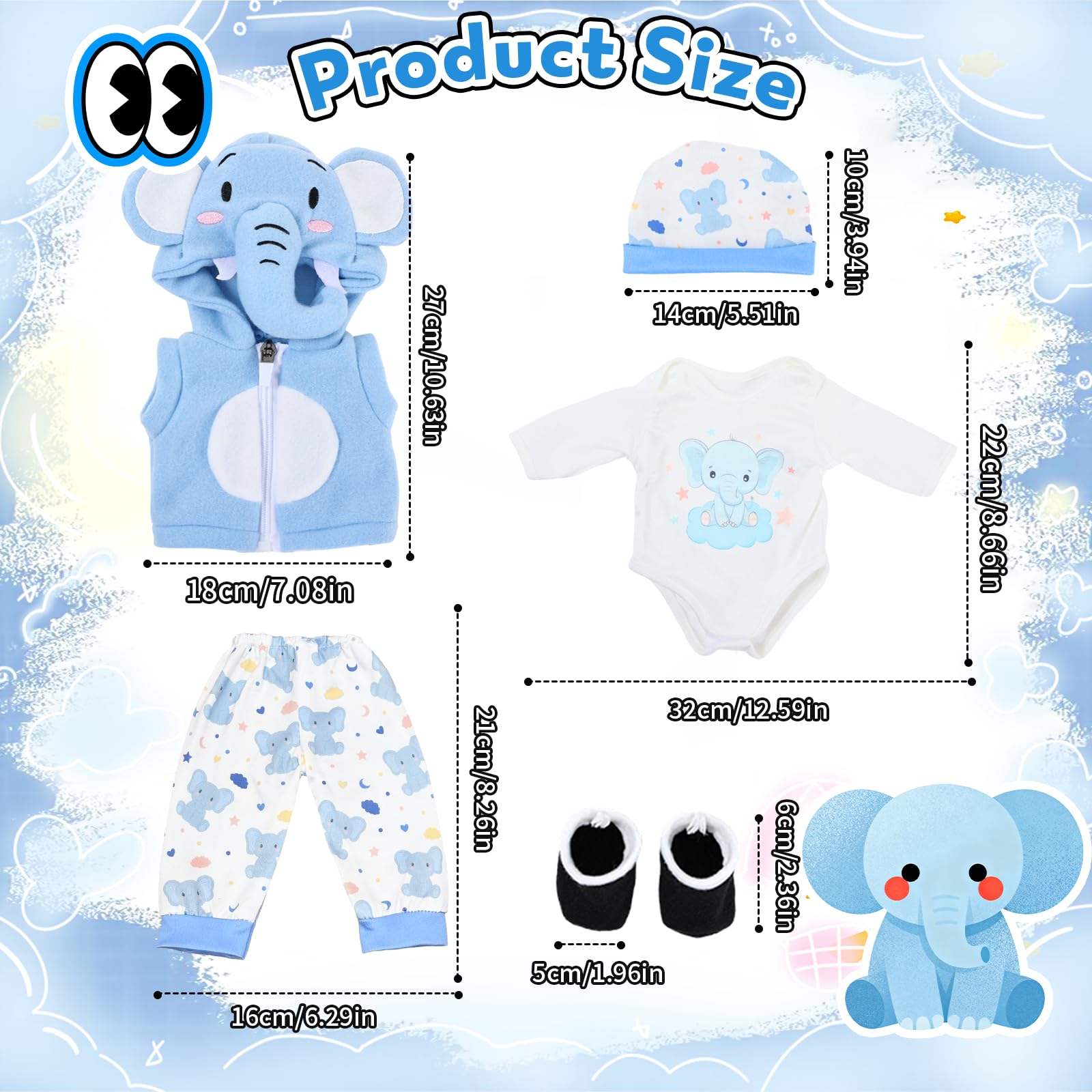 5-Pcs Blue Baby Doll Clothes for 14-17 Inch Dolls, Cute Elephant Baby Doll Outfit with Blue Jacket, Top, Pants, Hat + Socks - Image 2