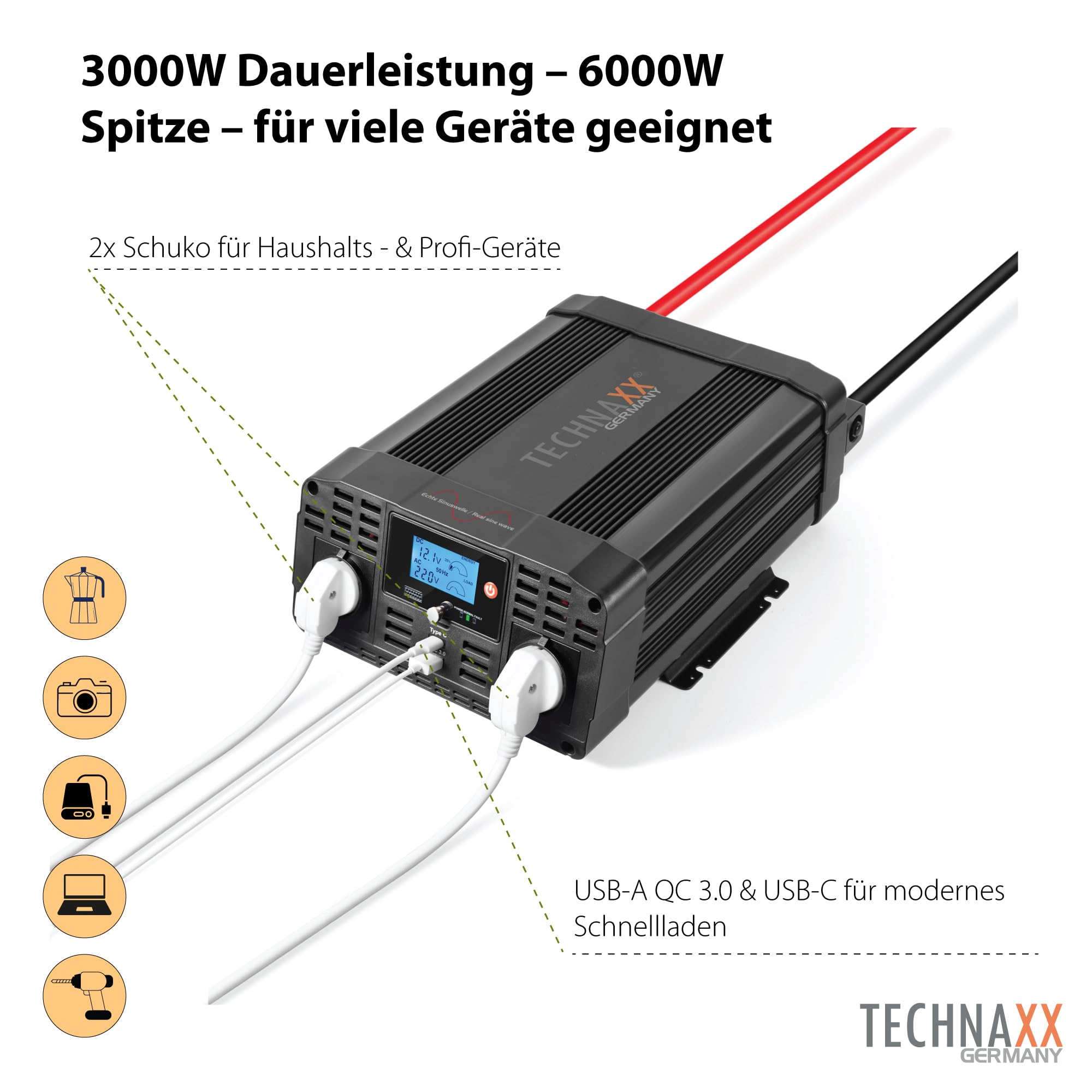 Onduleur Voiture Technaxx TE23 – Pur Sinus 3000W, 2 Prises 230V + USB – Pour Camping, Voyages Et Urgences