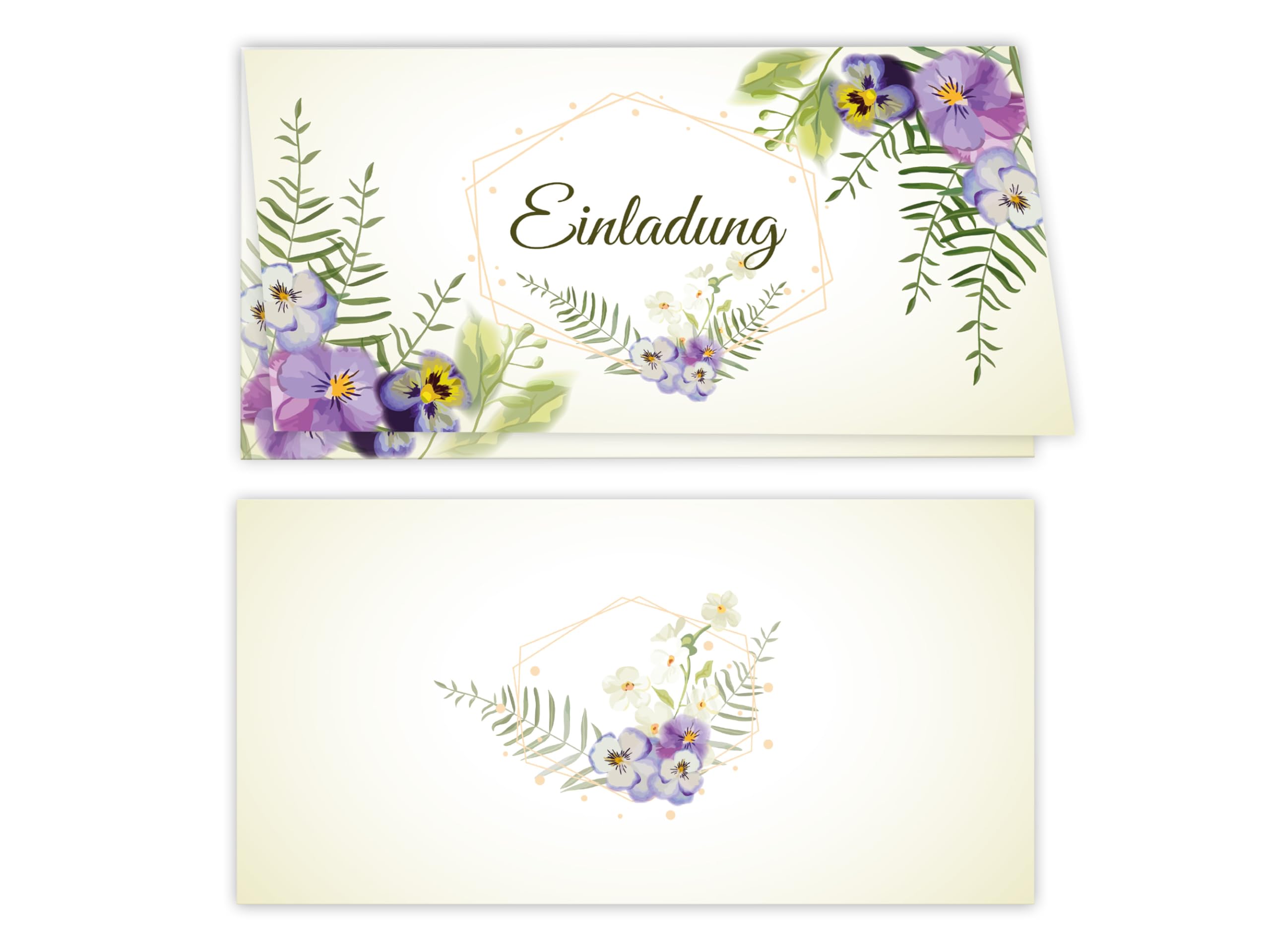 250 Einladungskarten für Hochzeit, Standesamt, Geburtstag, Konfirmation, Kommunion, Jugendweihe, Taufe, Geburtstag Jubiläum. Klappkarten DIN lang (21 x 10,5 cm). Blumenmuster Veilchen Viola Pastell
