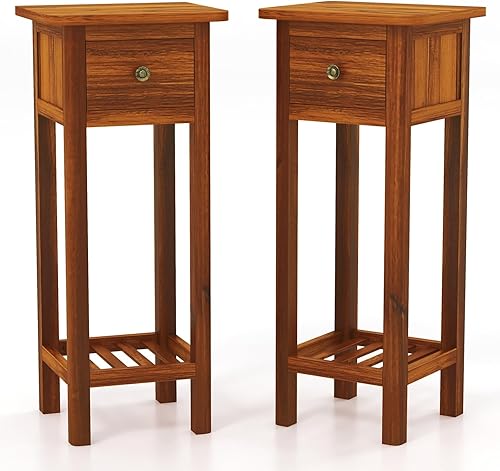 Miniatura 1 de Tangkula Mesa auxiliar estrecha de 2 niveles con cajón, mesa auxiliar alta de madera de acacia para espacios pequeños, mesita de noche delgada de