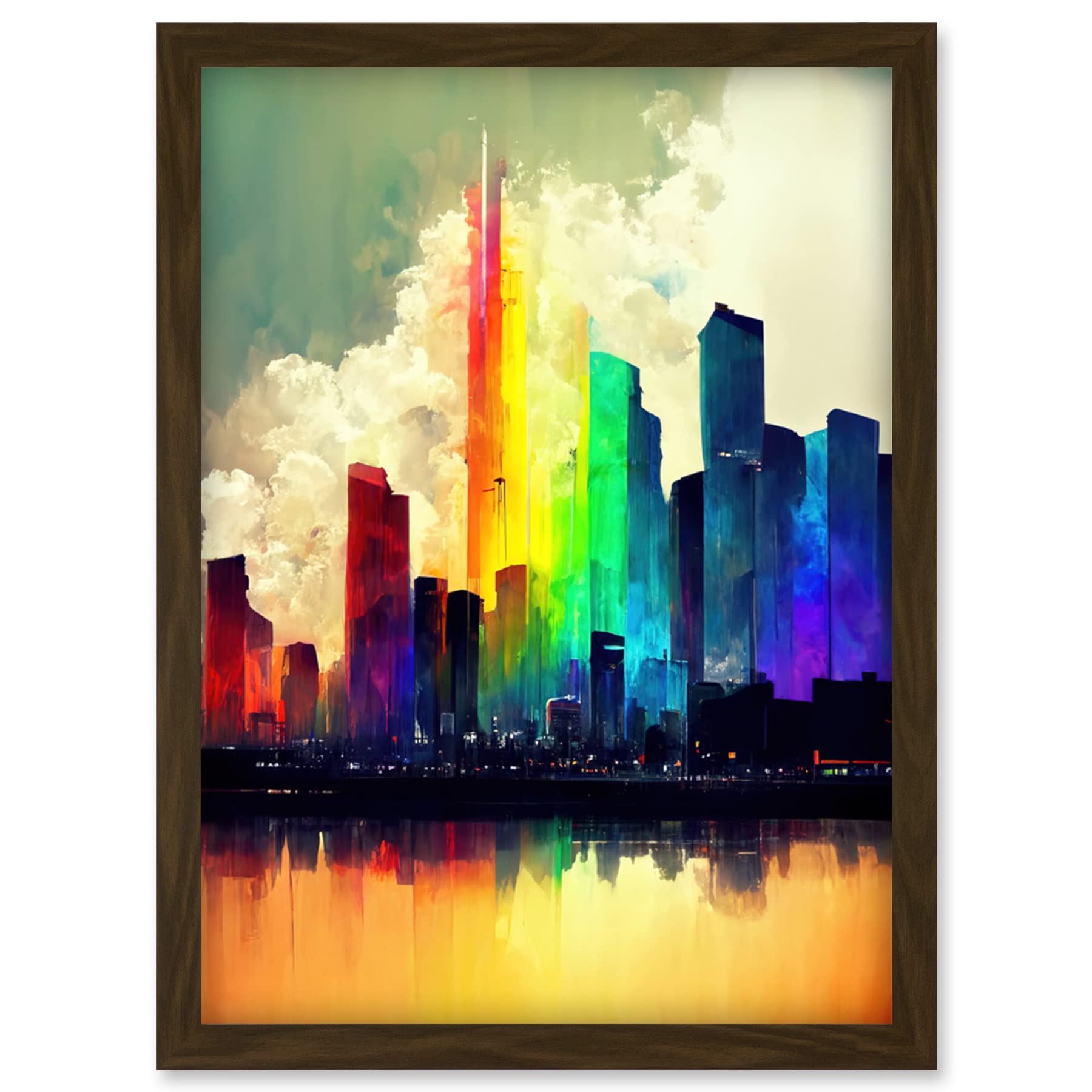 Doppelganger33 LTD Glass City Of Rainbow Reflections Cityscape Artwork Framed Wall Art Print A4