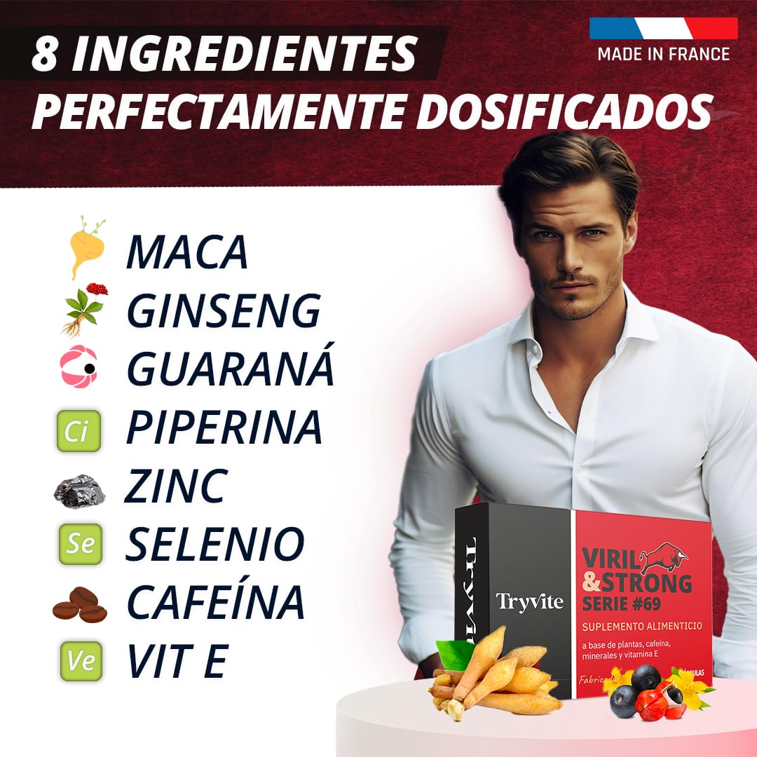 Fórmula Virilidad Hombre | 60 Cápsulas Para Circulación Sanguínea | Booster de Fuerza Resistencia Energía Natural | Ginseng, Guarana, Zinc | TRYVITE VIRIL&STRONG