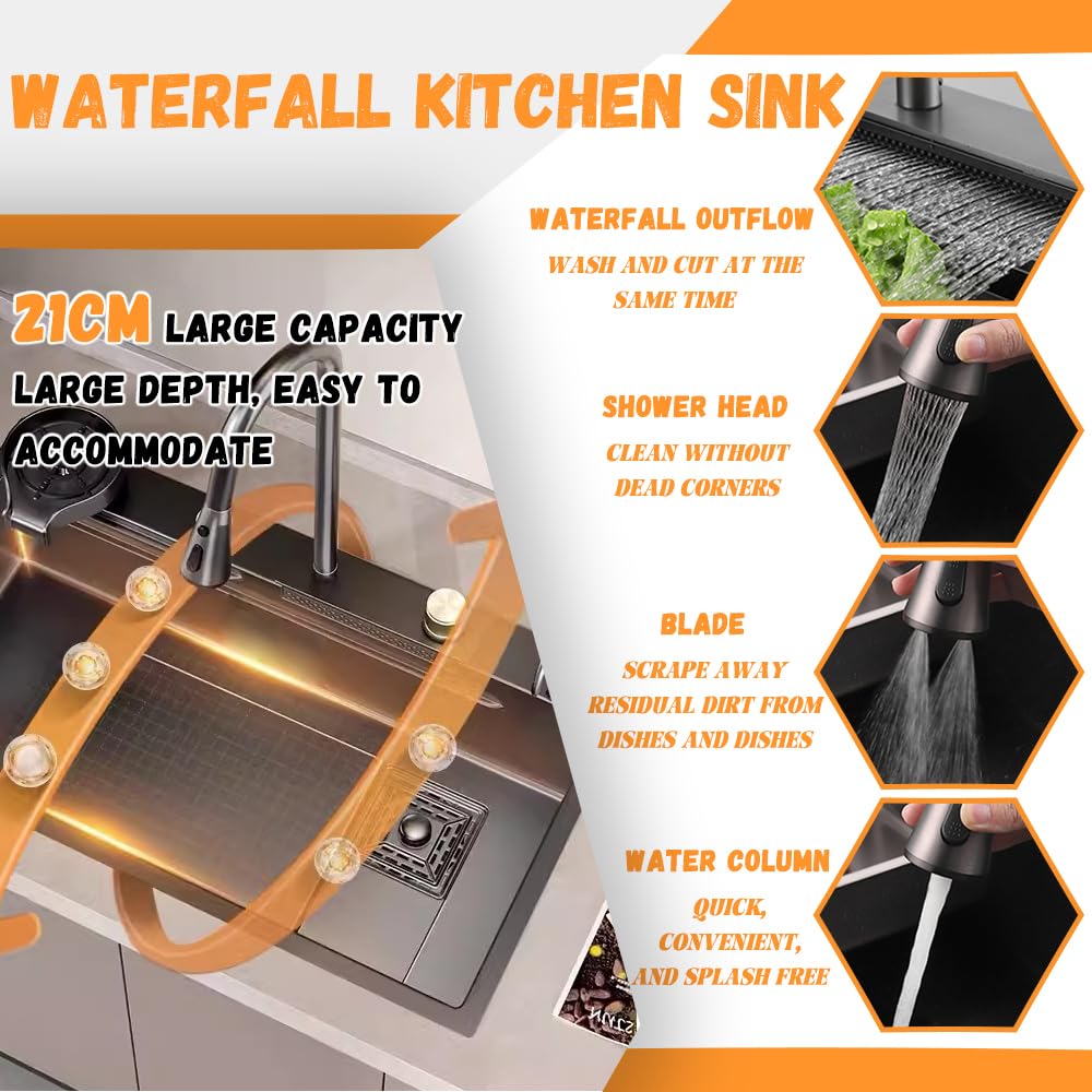 Lavello da Cucina a Vasca Singola in Acciaio Inox con Rubinetto a Cascata, lavabicchieri e postazione di Lavoro in Stile Rustico, Perfetto per Bar o Uso Domestico, Finitura Grigio-