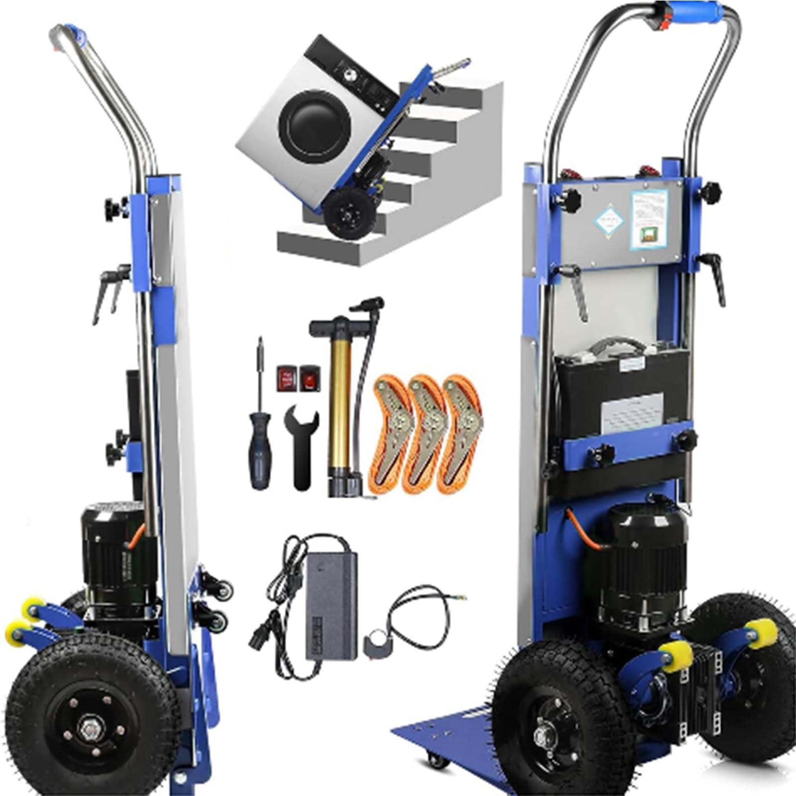 Carrello Elettrico per Salire Scale, con Maniglia Telescopica, salire le scale pesanti con corda di sicurezza e pompa ad aria per il trasporto di mobili,001
