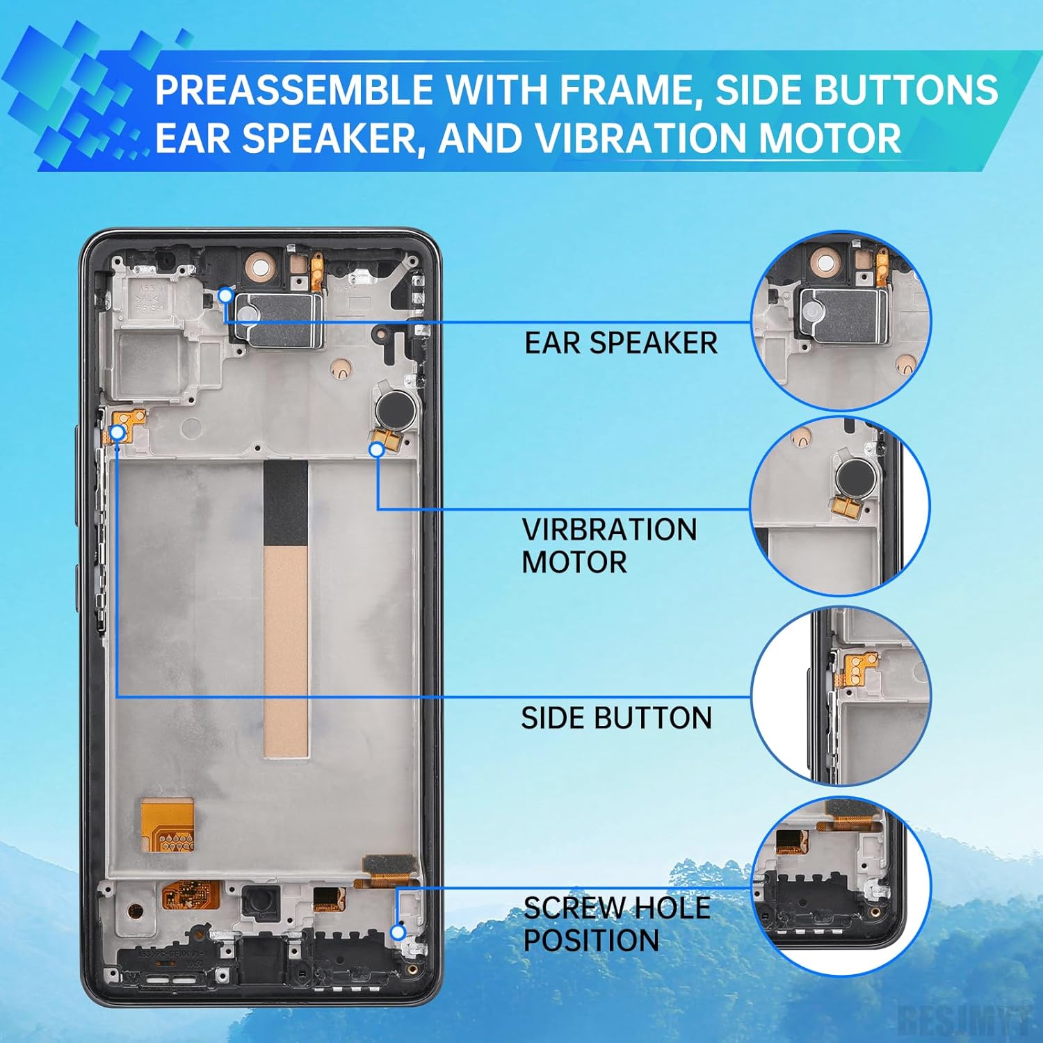 for Samsung Galaxy A53 5G Screen Replacement with Frame LCD Display Touch Digitizer Full Assembly and Side Button Ear Speaker Vibration Motor Glass Repair Tools Kit SM-A536U SM-A536U1