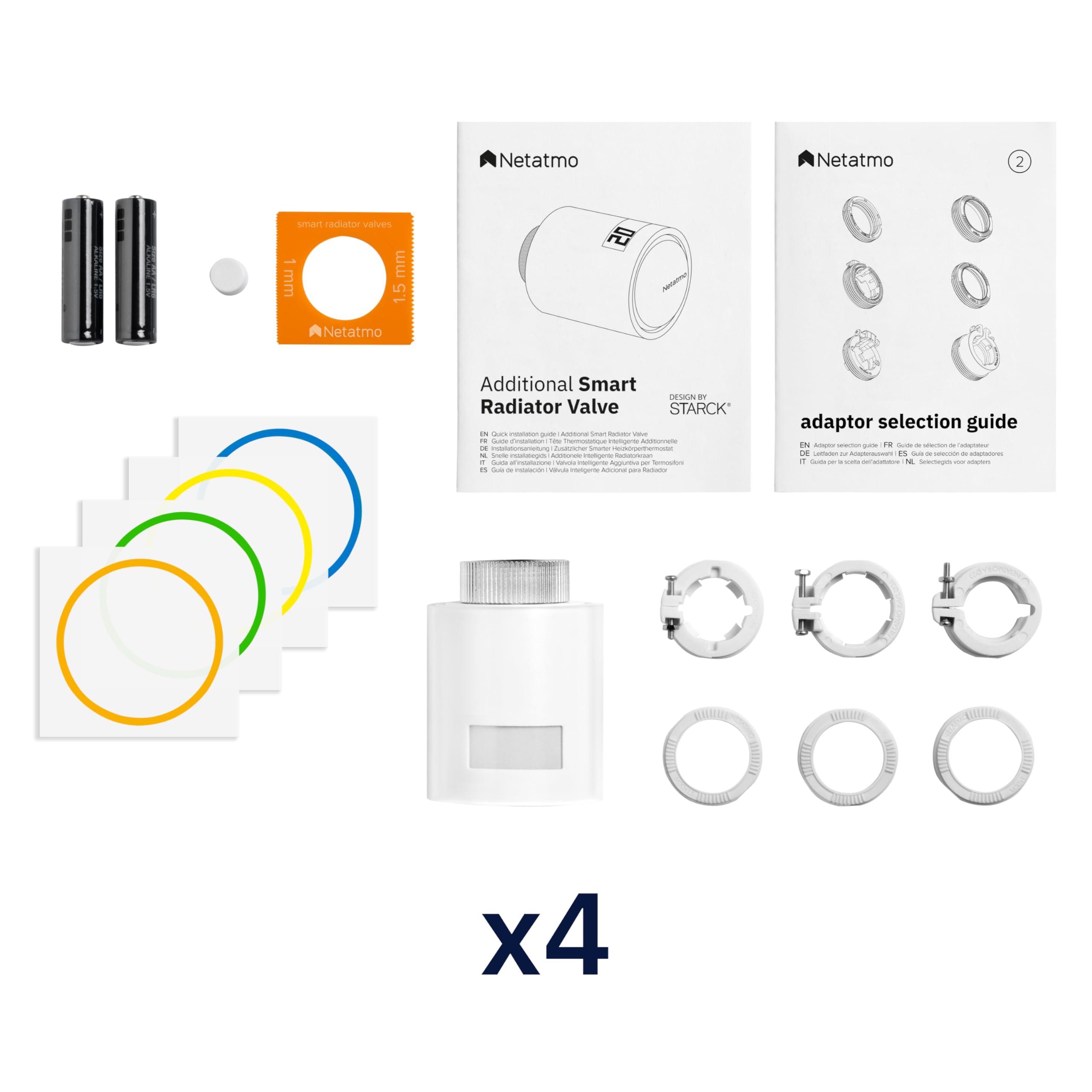 Netatmo Pack 4 Valvole Termostatiche WiFi, Controllo Remoto, Risparmio Energetico, Accessorio per Radiatori, Compatibile con Alexa e HomeKit, Installazione Facile, NBU-4-NAV-EU