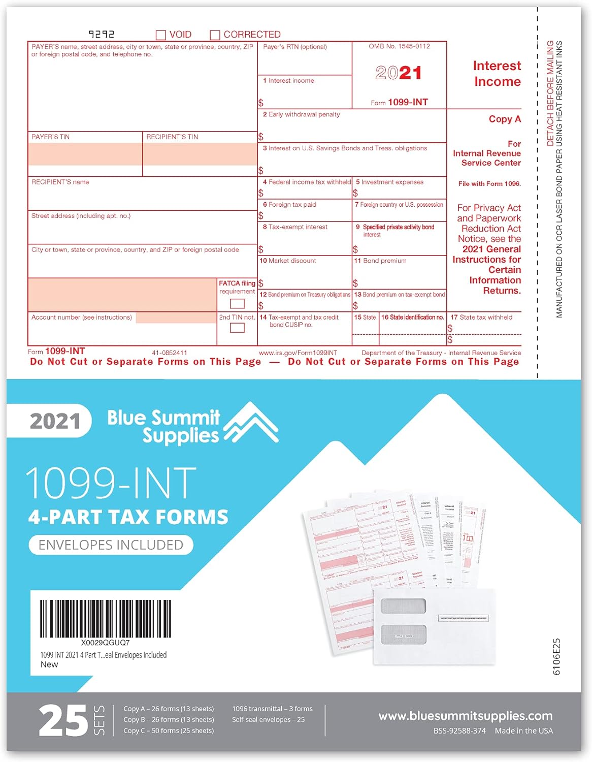 2021 1099 INT 4 Part Interest Tax Forms Kit, 25 Laser Form Bundle of 1099 Interest Forms (2021), Compatible with QuickBooks and Accounting Software, 25 Self Seal Envelopes Included : Office Products