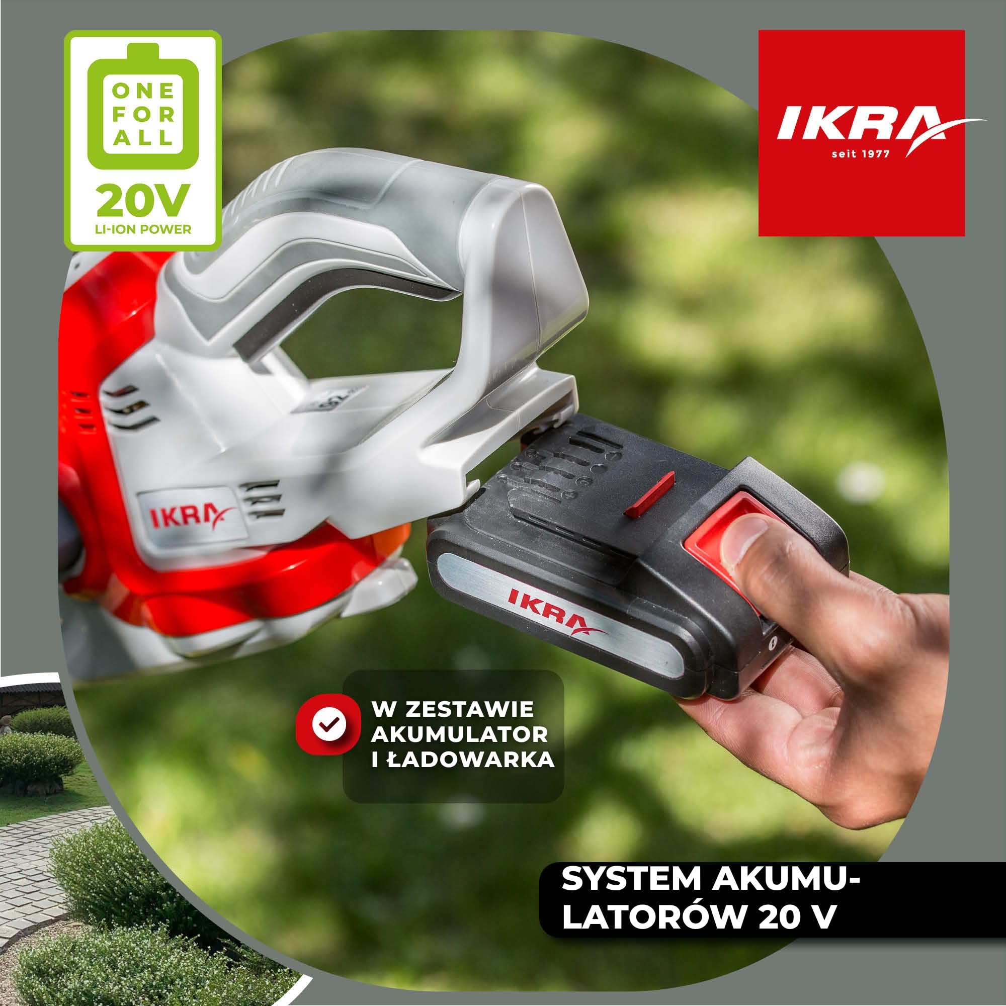 IKRA Nożyce do żywopłotu IAHS 20-1, 2 akumulatory i szybka ładowarka | Długość cięcia 54 cm, grubość 18 mm, miękki uchwyt, nóż z osłoną przeciwuderzeniową, kompatybilność z akumulatorami IKRA 20 V