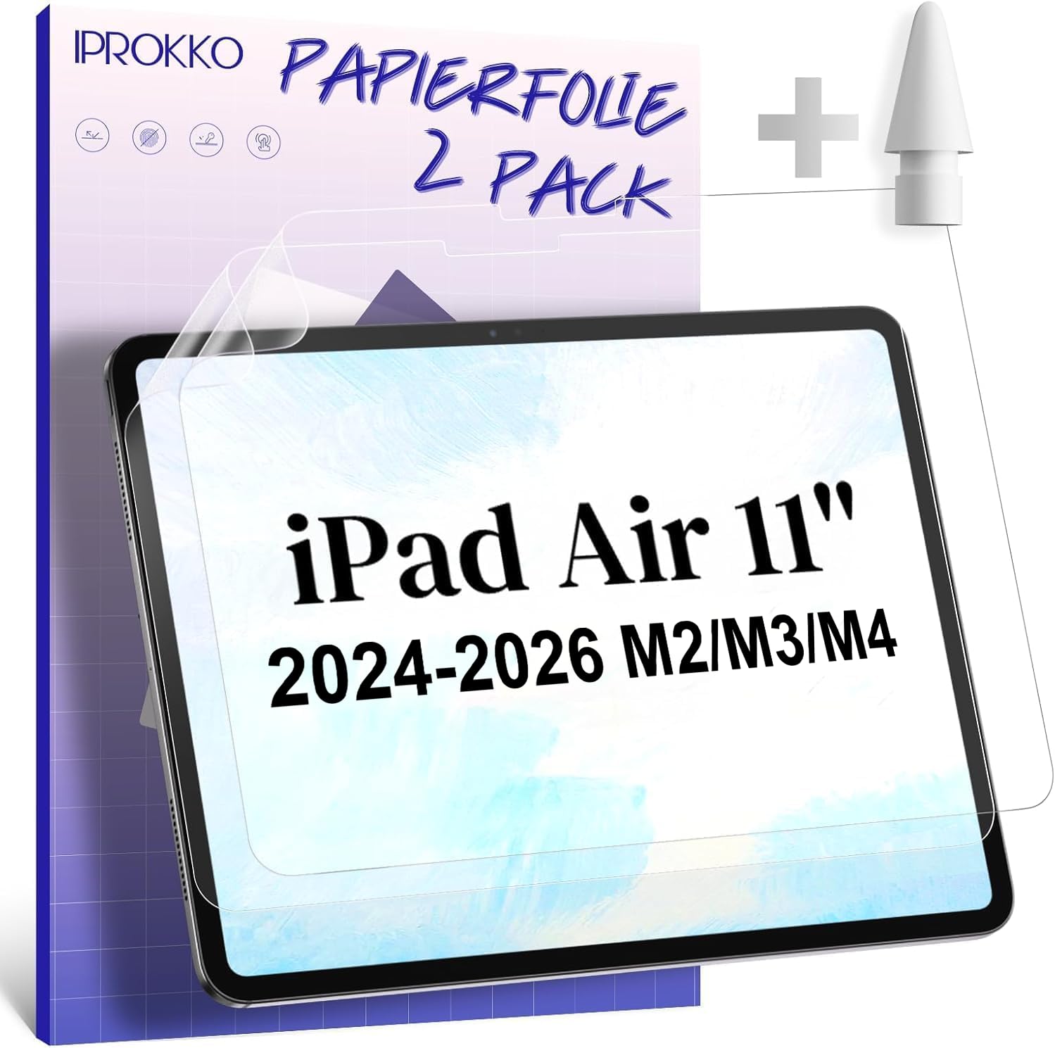 IPROKKO 2 Stück Papier Schutzfolie für iPad Air 11 Zoll (2024-2026, M2/M3/M4), Like Paper Folie Matte Papierfolie Displayschutz Film Blendfreiem Screen Protector zum Zeichnen, Schreibe, Notizen
