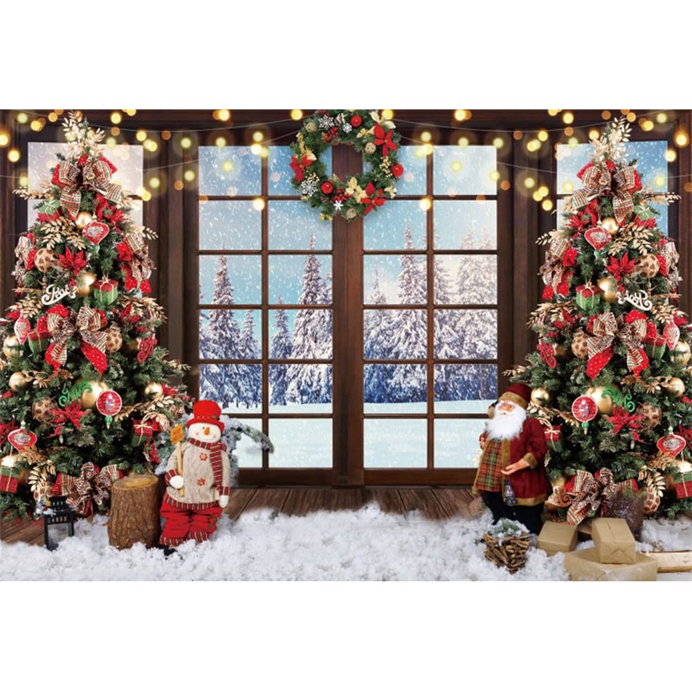 Laeacco 10x6.5FT Christmas Window Photography Backdrop | Snowy Forest With Trees, Gifts & Snowman | Holiday Party Decor