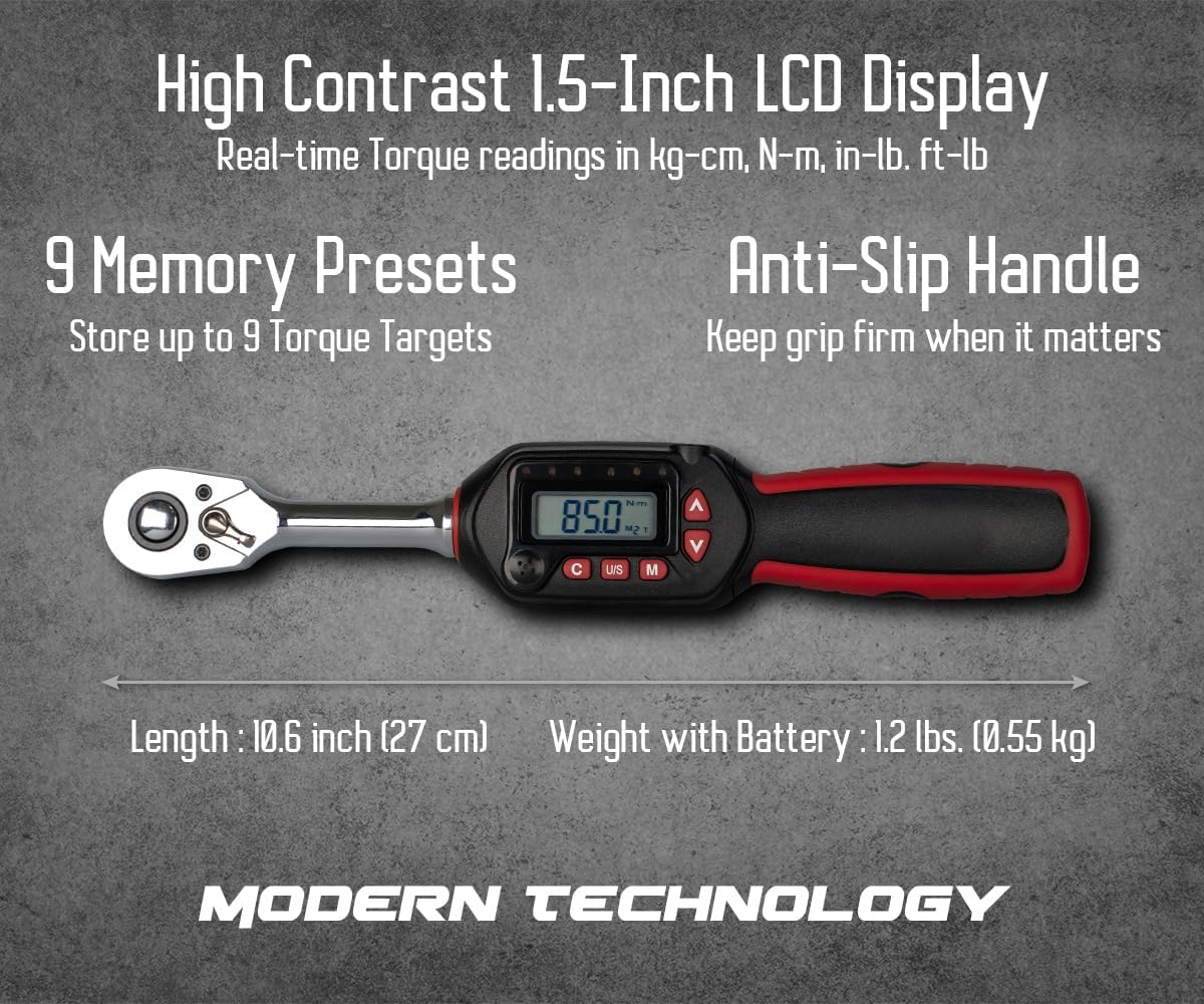 Tapha Tools 3/8 inch Digital Torque Wrench 3.1-62.7 ft-lbs (4.2-85 N-m) Torque Range, Accurate to ±2% Dual Direction, LED and Buzzer Notification, Preset Memory, ISO 6789, Calibrated (WP3N-T085BN)