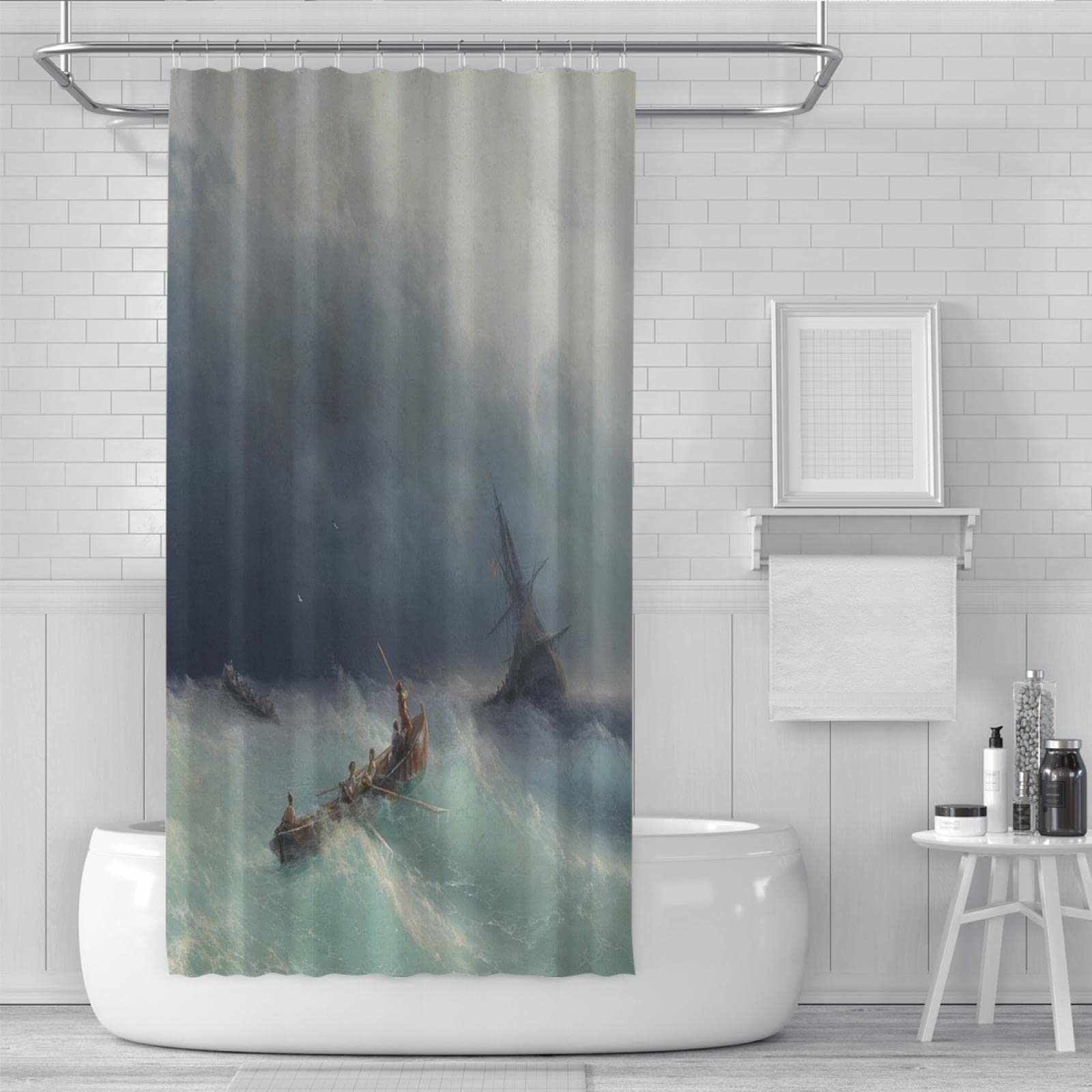 Ensembles de rideaux de Douche Blue Sea Avec crochets Rideaux de Douche en Tissu de Polyester imperméable Gris Ciel La tempête Sur la mer par Ivan Aivazovsky 180Bx275Lcm