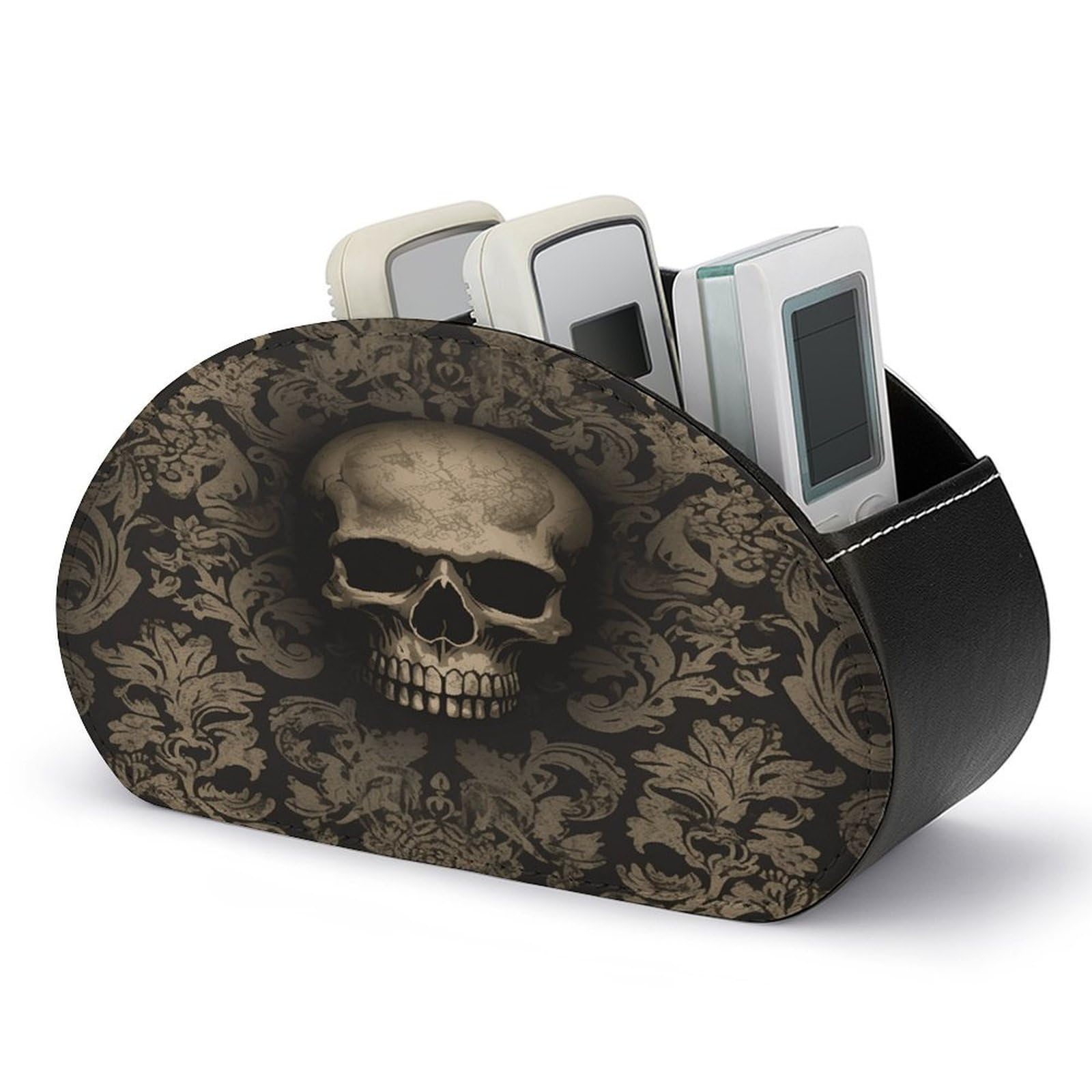 VstaDank Gothic Wallpaper Skull Remote Control Holder with 5 Compartments PU Leather TV Remoter Caddy Desktop Organizer TV Remote Holder Remote Box for Media Controllers Office Supplies