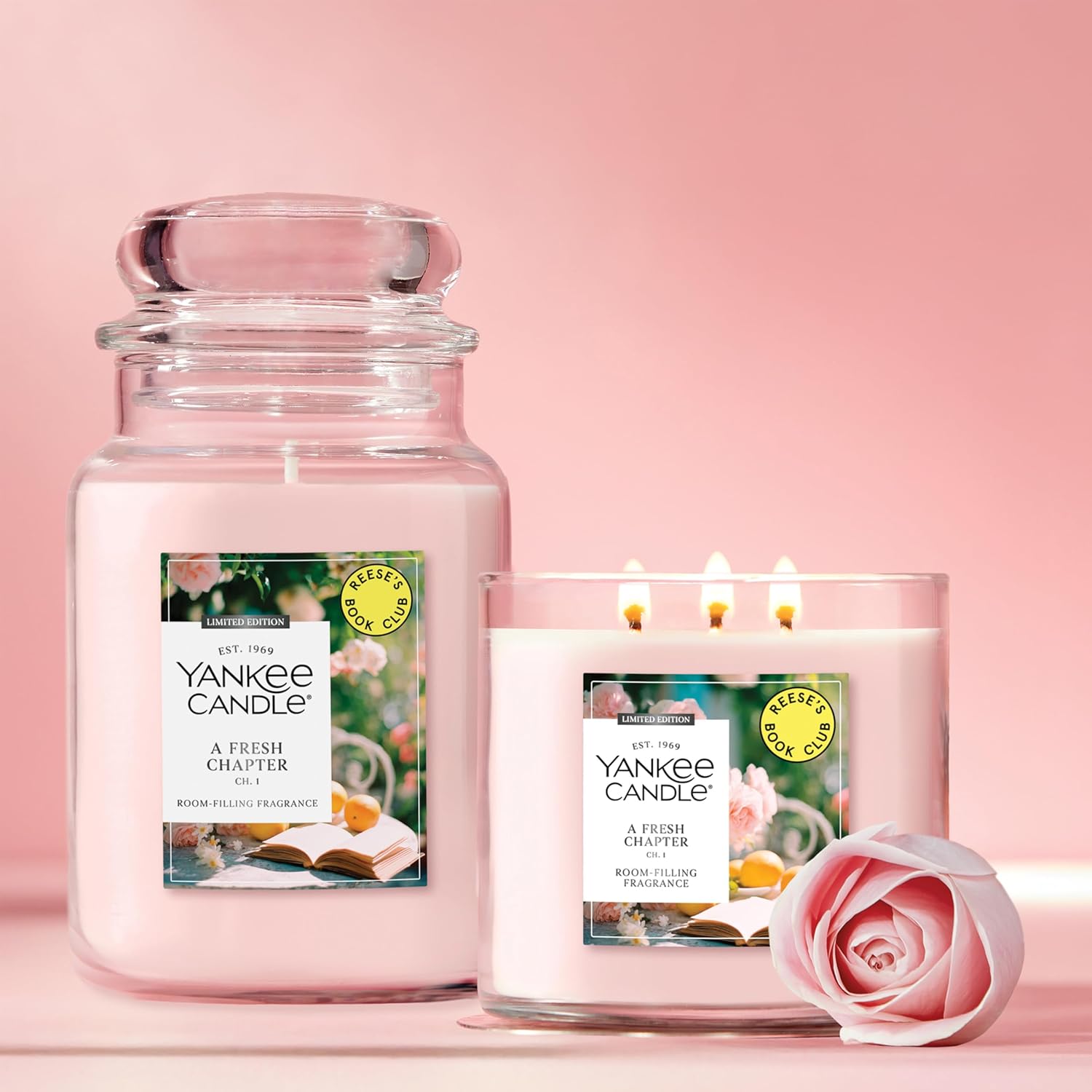 Yankee Candle x Reese’s Book Club, A Fresh Chapter, Spring Scented Candle, Bright Pomelo Scent, Blooming Rose Scent, 22oz Large Jar Candle with up to 150 Hours Burn Time, Giftable