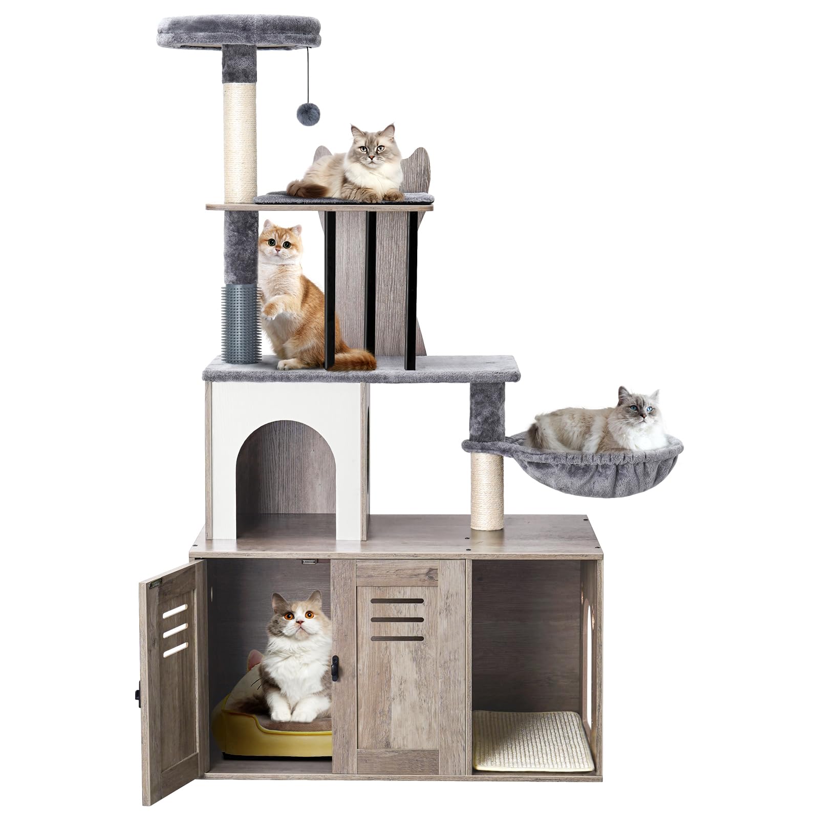 Snughome Cat Tree with Litter Box Enclosure Furniture, 2-in-1 Modern Cat Tower, 58.66’’ Wood Cat Condo with Scratching Post and Hammock, Indoor Pet Furniture with Large Platform, Grey