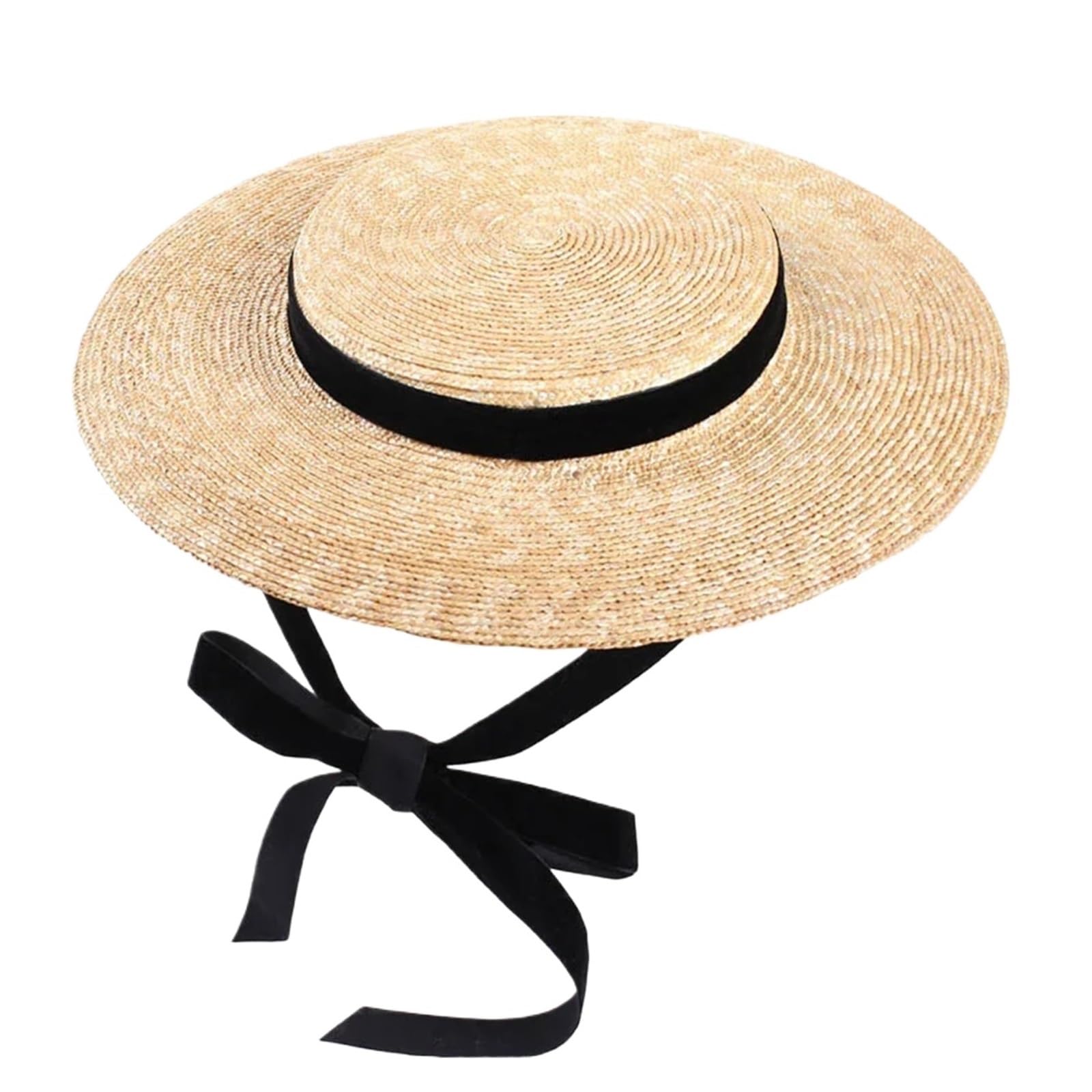 Generico Cappello di Paglia da Donna di Altezza Corta con Nastri Neri Copricapo di Paglia Superiore con Clip Artigianali