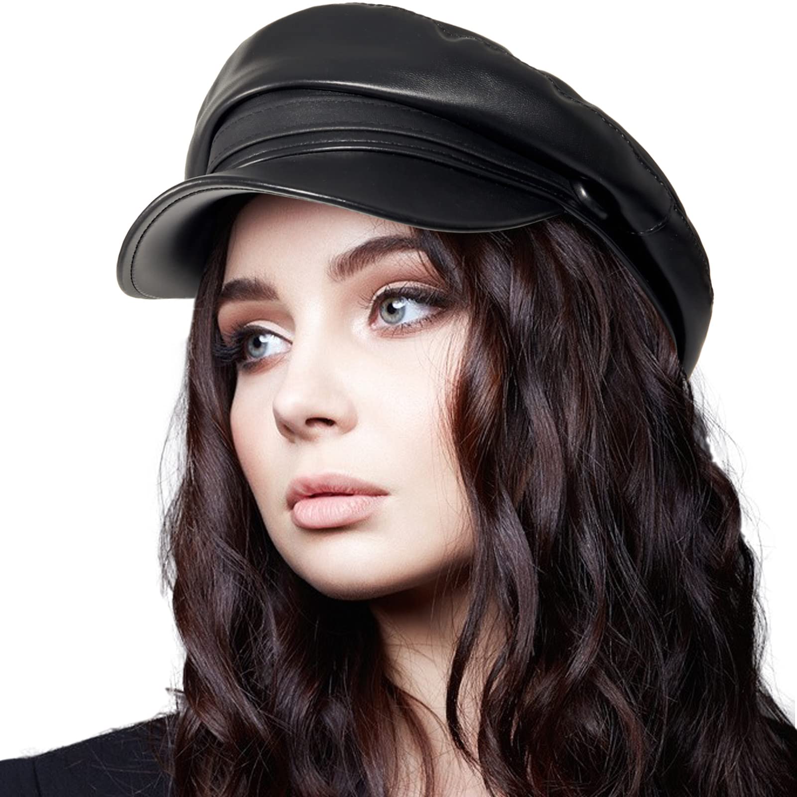 Colorsun Women's Pu-Black Newsboy Caps British Adjustable Newsboy Cabbie Beret Octagonal Hats, M