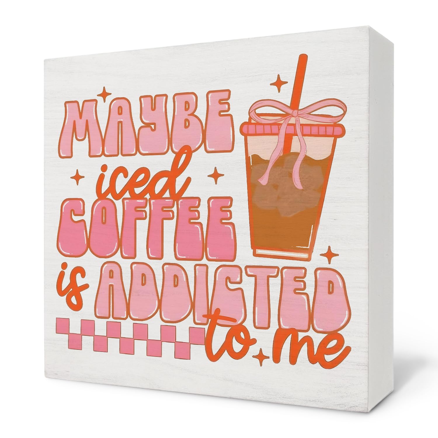 Nvotell Retro Coquette Bow Maybe Iced Coffee Is Addicted to Me Wooden Box Sign, Pink Retro Wood Block Plaque for Coffee Station Shop Bar Desk Shelf