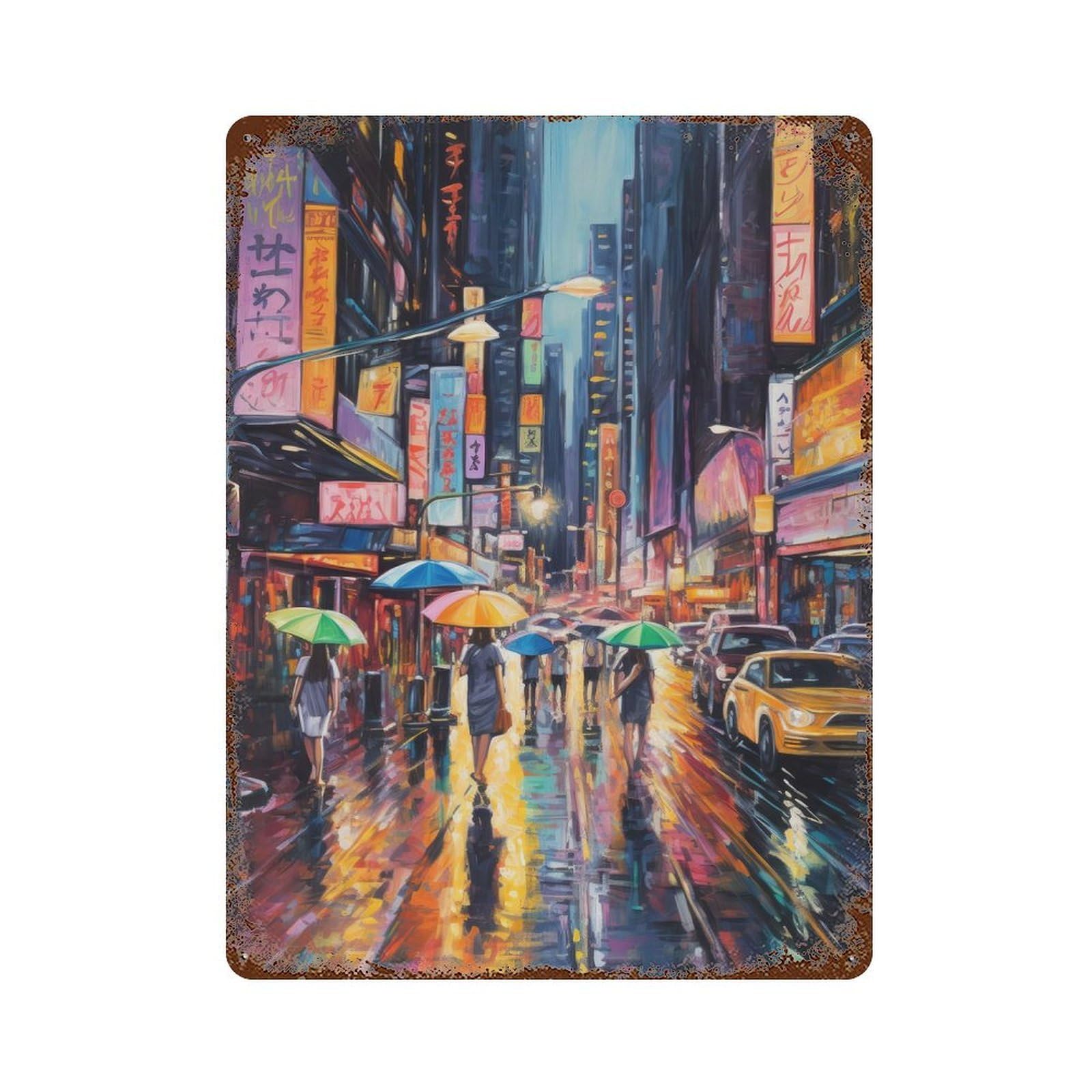 Painting Cityscape Decorative Tin Sign 15.7"x11.8", Retro Wall Decor for Basement, Hobby Room And Garage Decor