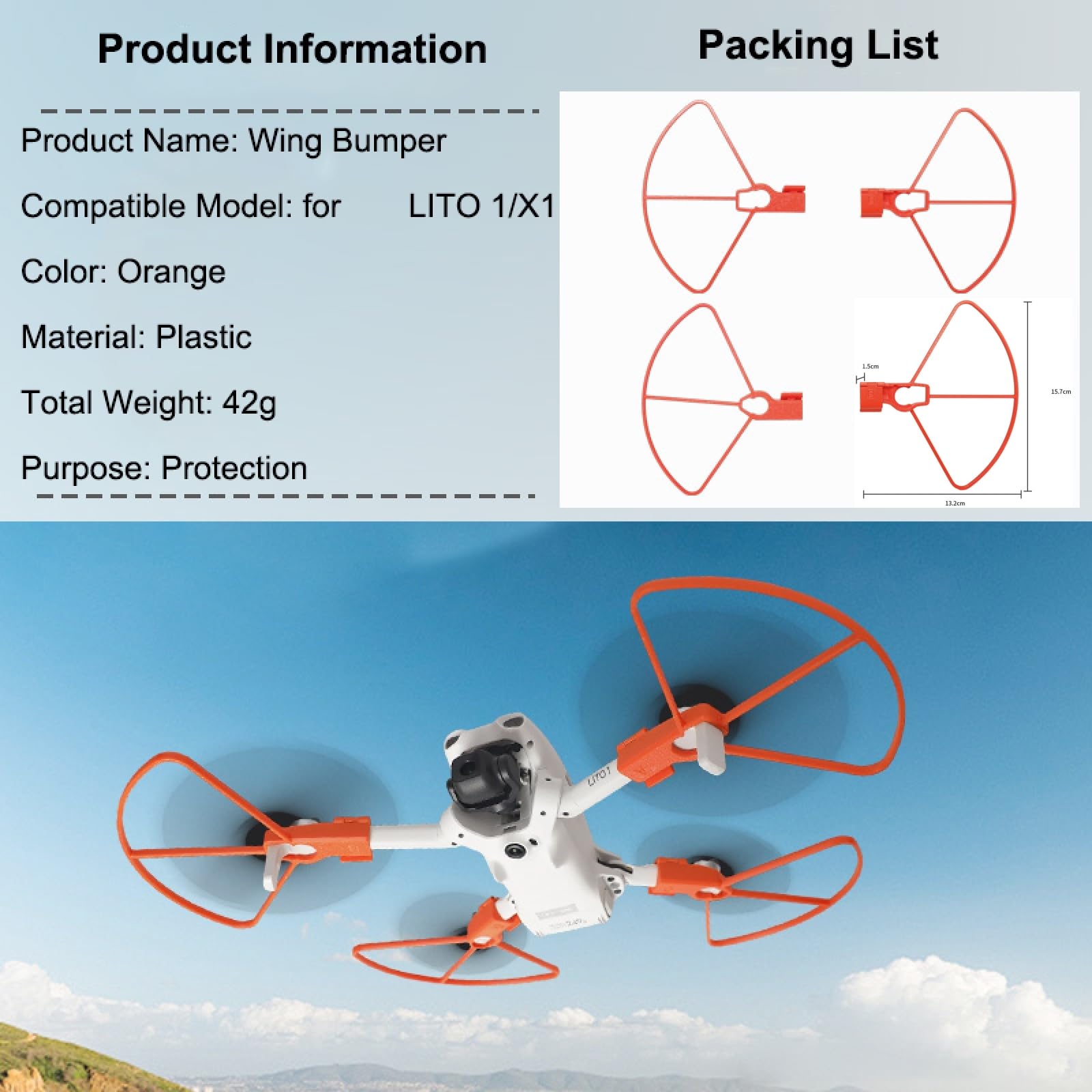 Dla DJI Lito X1 Lekkie pierścienie na śmigła, osłona ochronna, odporna na zarysowania i uderzenia, przenośna osłona ostrza Drone LITO 1/LITO X1 (pomarańczowy)