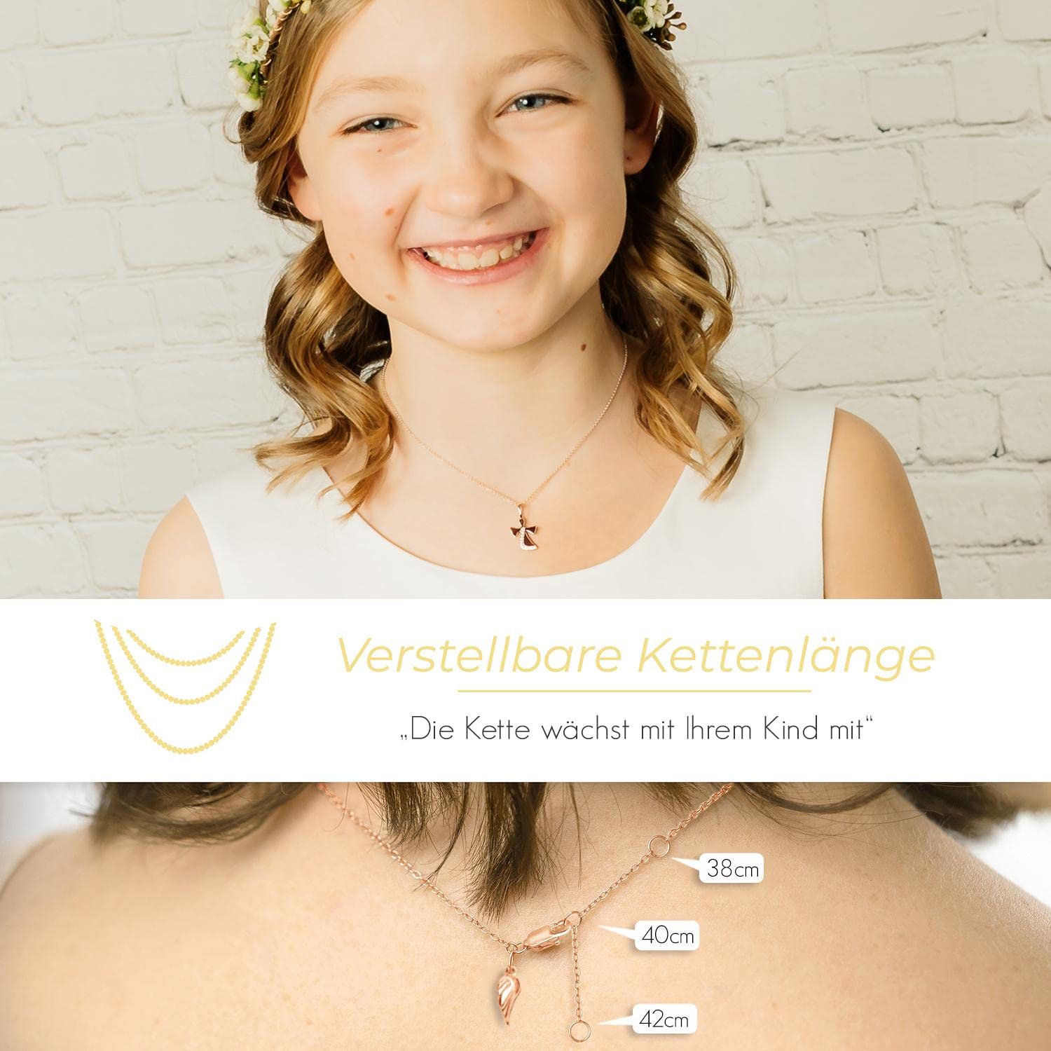 Schutzengel Kette Mädchen Rosegold (Silber 925 vergoldet), Engel-Anhänger | Halskette, Kinder-Schmuck Erst-Kommunion Tauf-Geschenk Konfirmation Firmung Geburt Taufe, Gold-Kette Kinderkette Taufkette