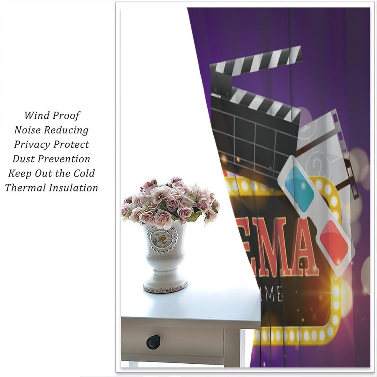 Movie Theater Blackout Curtains Vintage Cinema Film Reel Tickets Popcorn Movie Time Banner Shining Sign Art Print for Bedroom Living Room Decor Rod Pocket Blackout Window Drape 42x45in, Style-16