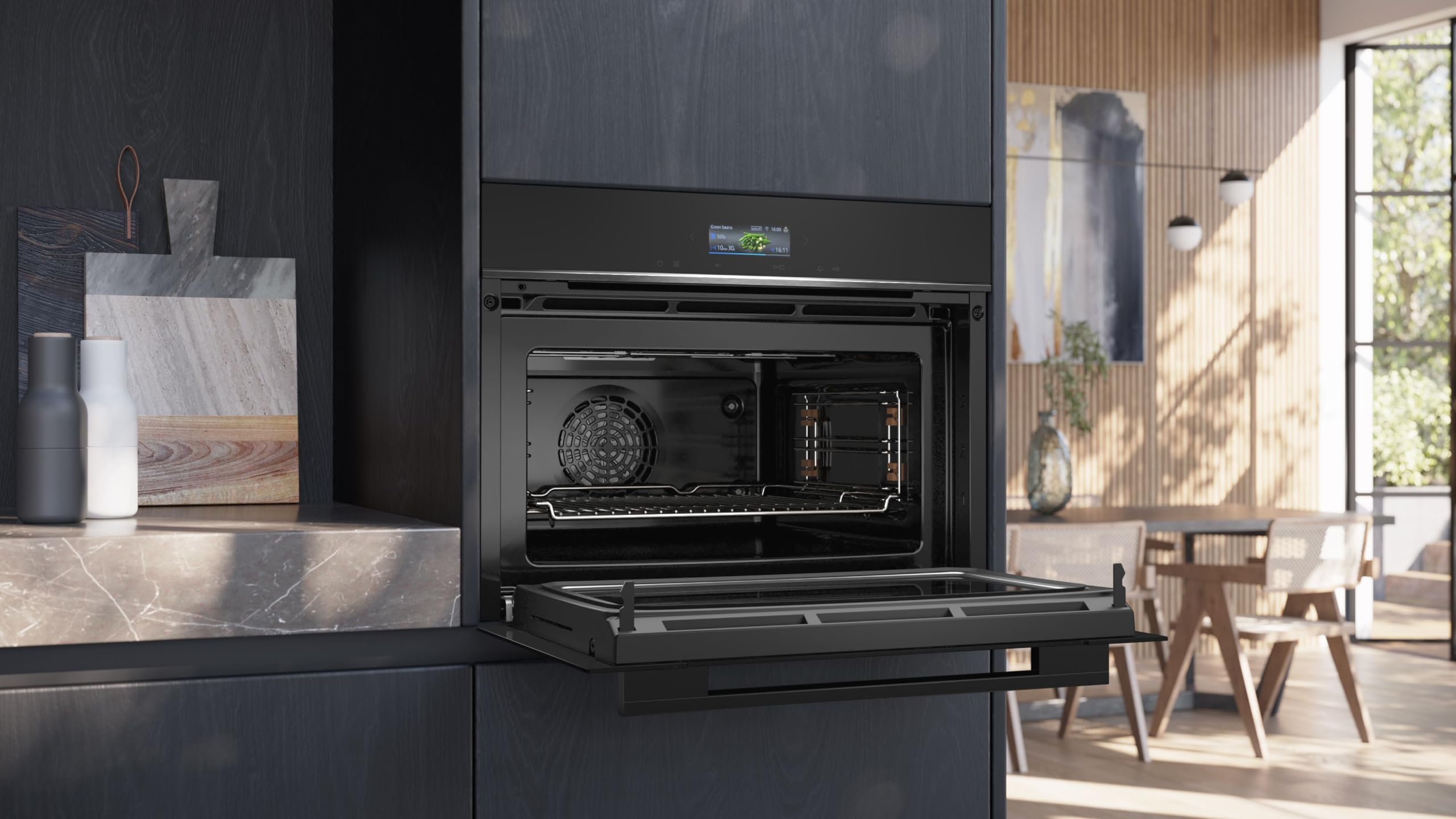 Siemens iQ700 CM724G1B1 Einbau-Kompaktbackofen mit Mikrowellenfunktion 60x45 cm 900 W Schwarz Hydrolyse Air Fry Teleskopauszug Farb-Touchscreen