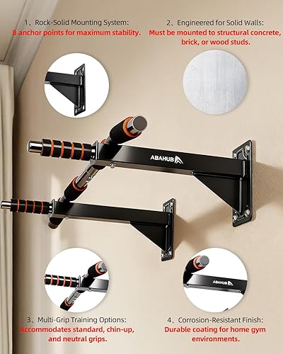 Miniatura 5 de Abahub Barra de dominadas montada en la pared, barra de dominadas multiagarre para entrenamiento de gimnasio en casa, instalación en taladro, barra
