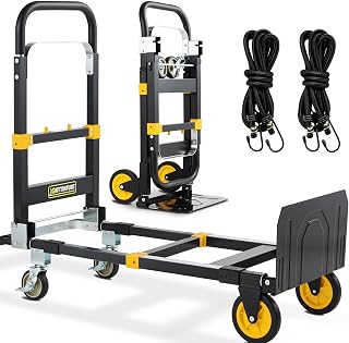 Heavy Duty Hand Truck Dolly 3-in-1, Convertible Hand Truck Steel 500 lbs Capacity, Folding Dolly with Rubber Brake-Wheels, Anti-Slip Strip and 2 Elastic Ropes for Moving