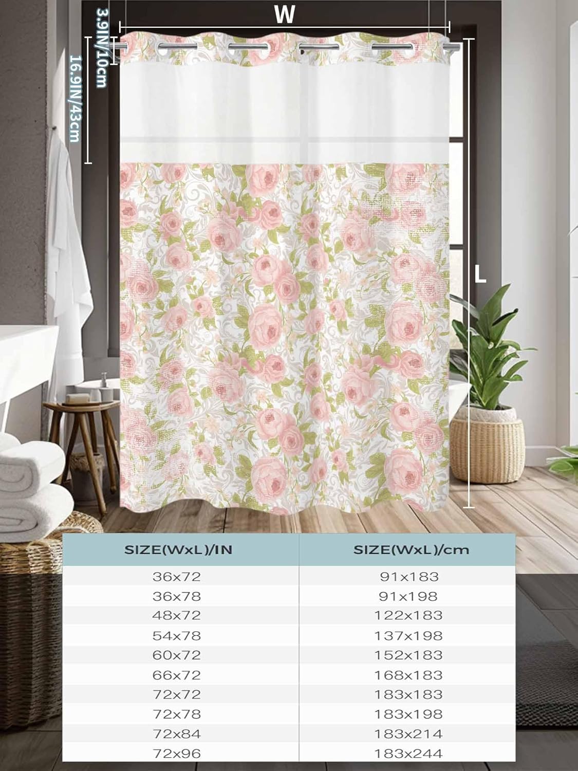 No Hook Shower Curtain, Pink Flowers Long Bathtub Curtains with Snap in Liner, Country Botanical Floral Leaves Romantic Waterproof Washable Fabric Shower Curtain Set, 72" x 84"