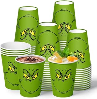 60Pcs Merry Christmas Paper Cups Whoville Grinchmas Chocolate Cocoa Tea Cups Green Elf Disposable 9oz Paper Cup for Xmas Winter Holiday Party Table Decoration