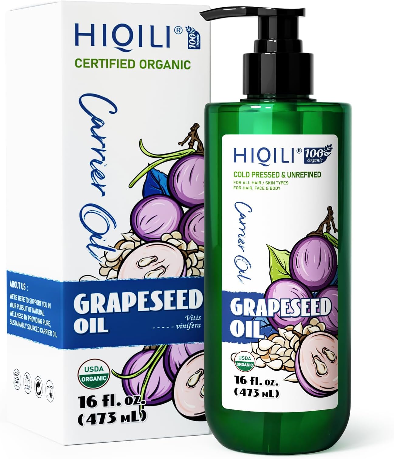 HIQILI Organic Grapeseed Oil Large Capacity for Skin, Hair & Skin Care