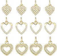 Pingentes de coração com pingente de 3 estilos, 12 peças, banhado a ouro 18 K, zircônia cúbica, pingente de coração vazado para fazer joias, pulseira, colar, brinco, artesanato DIY