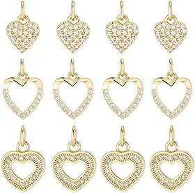 Pingentes de coração com pingente de 3 estilos, 12 peças, banhado a ouro 18 K, zircônia cúbica, pingente de coração vazado para fazer joias, pulseira, colar, brinco, artesanato DIY