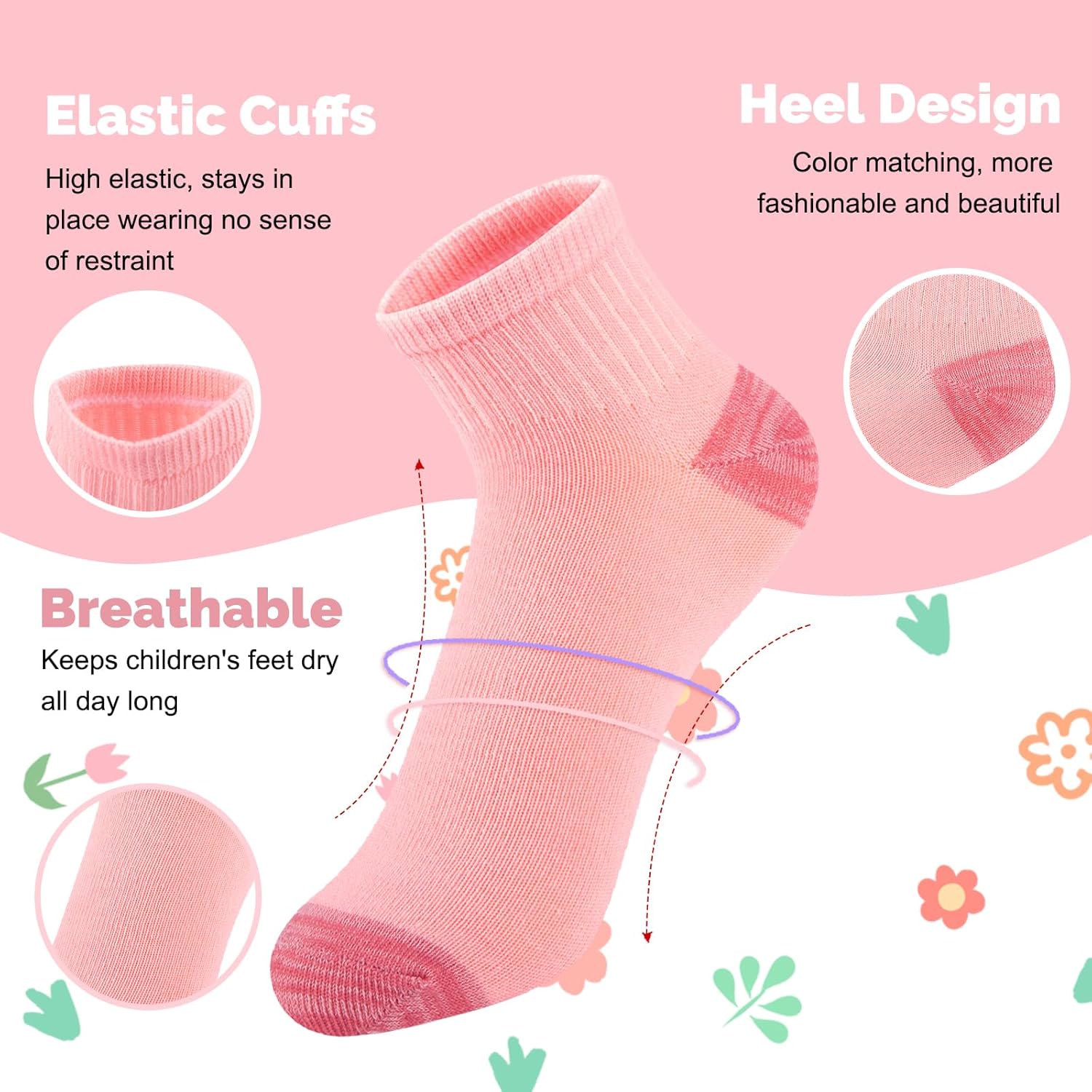 20 Pairs Girls Ankle Socks, 6-8/8-10/10-12 Years Old, Color&White Socks for Kids, Comfortable Little Girls Sock - Image 5