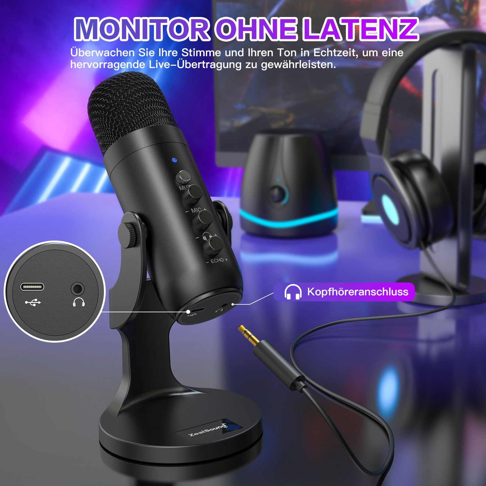 Zealsound USB Kondensator Mikrofon für PC Laptop Handy, Plug & Play Tischmikrofon mit Rauschunterdrückung, Mute, Gain & Echo, Gaming Streaming Podcast ASM Aufnahmen, k66 Schwarz