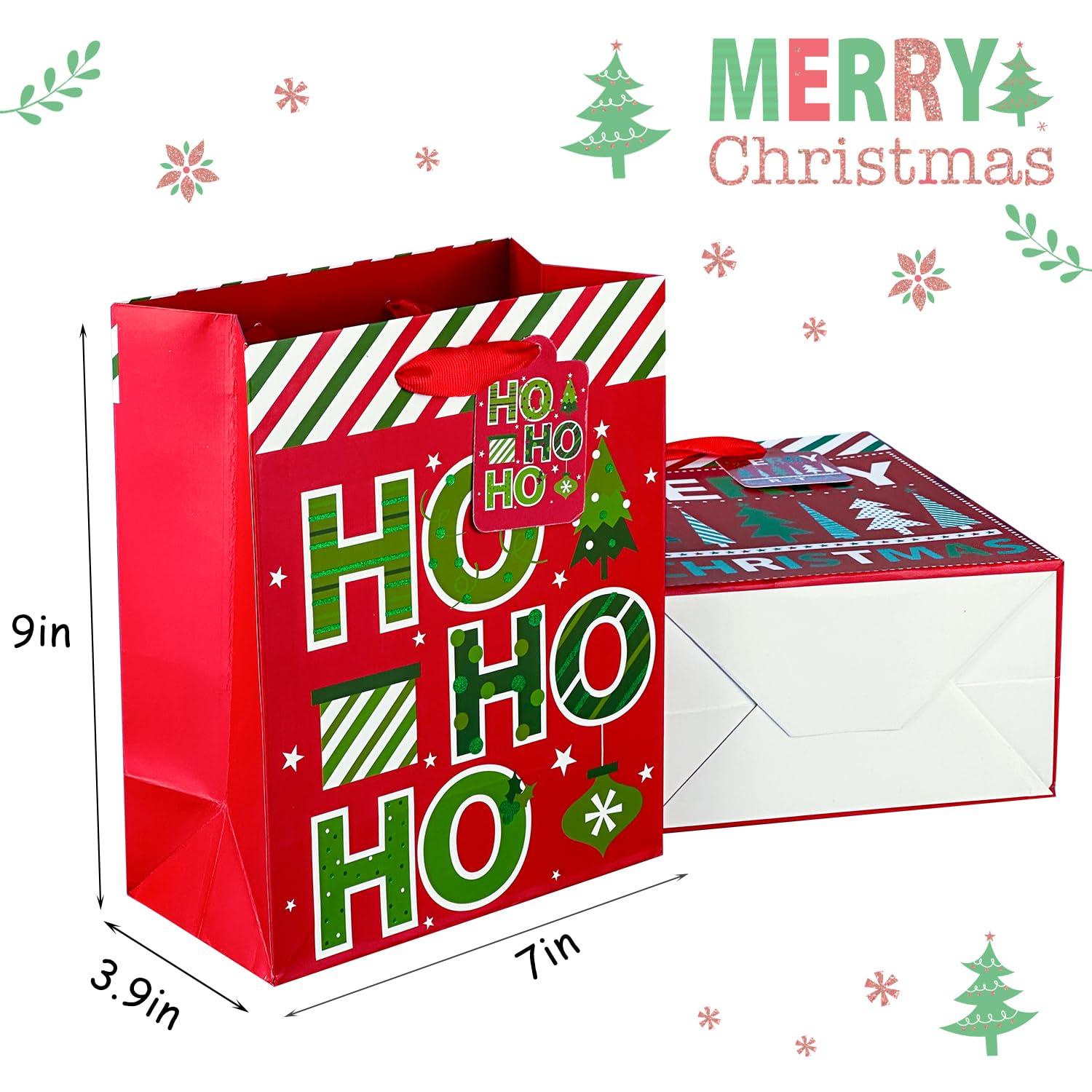 GITMIWS Paquete de 12 bolsas de regalo de papel de Navidad con papel de seda, bolsas de regalo de Navidad medianas de 9 pulgadas a granel con asas, bolsas de regalo de Navidad para regalos de niños,