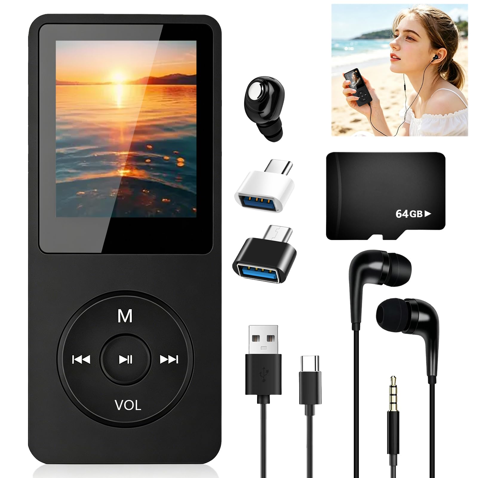 Lecteur MP3 Bluetooth 5.3 64Go avec Haut-Parleur, Radio FM, Écran 1,8", Autonomie 70H, Léger
