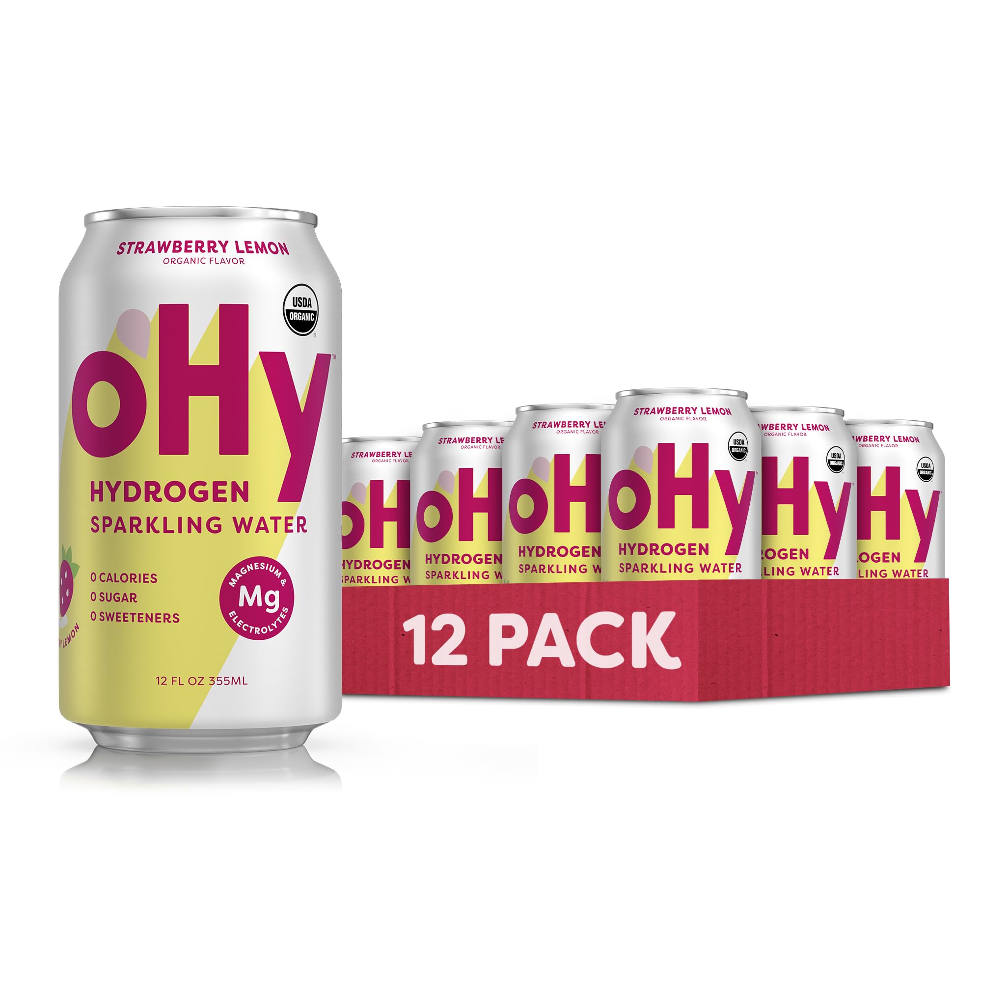 oHy Hydrogen Sparkling Water – Magnesium & Antioxidant Hydration, Zero Sugar, Zero Calories, Strawberry Lemon, 12 Pack (12oz Cans)