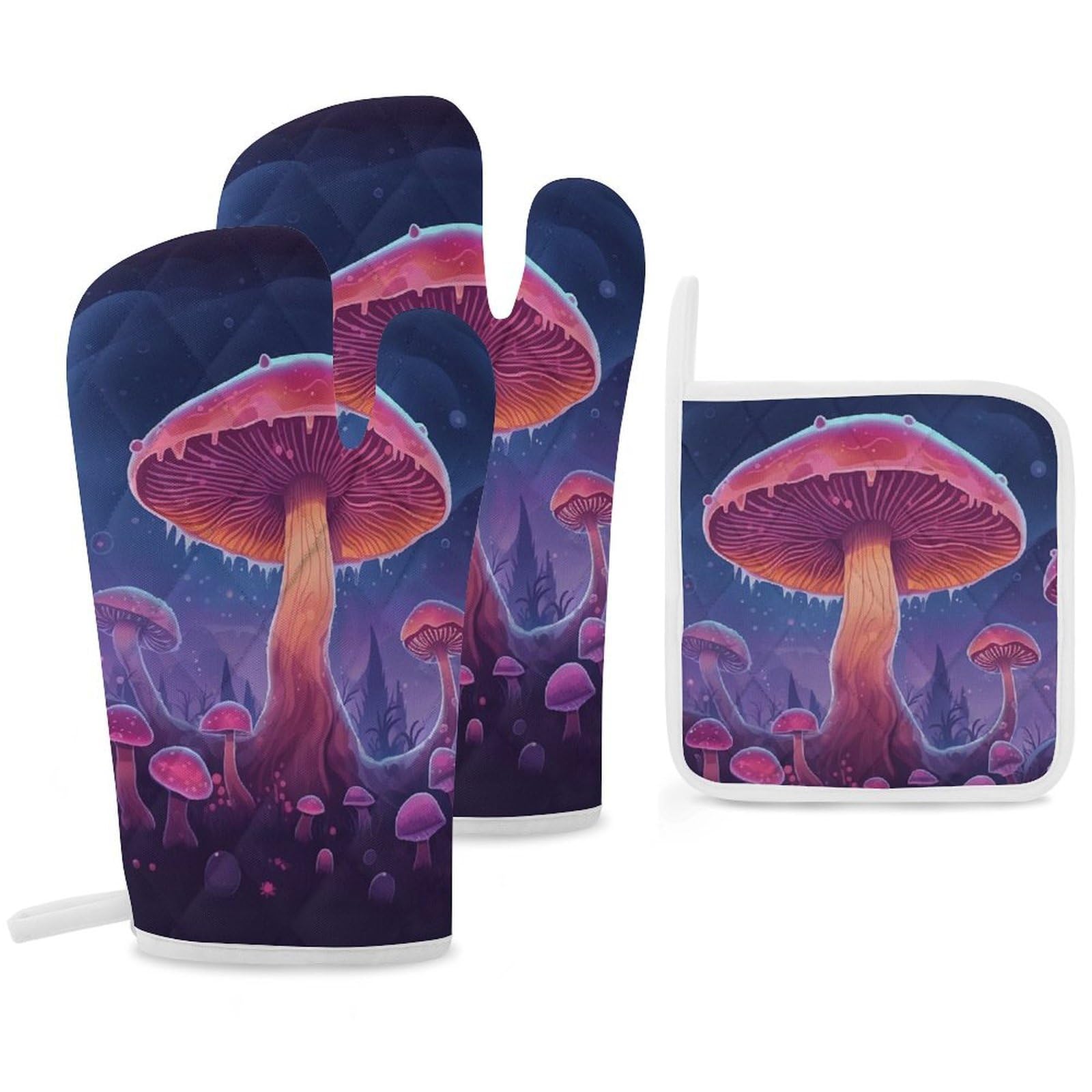 Oven Mitts and Pot Holders Set of 3 Heat Resistant Non-Slip Kitchen Gloves Hot Pads Magic Mushroom Mittens Gloves Non-Slip Potholders for Cooking Baking Grilling BBQ