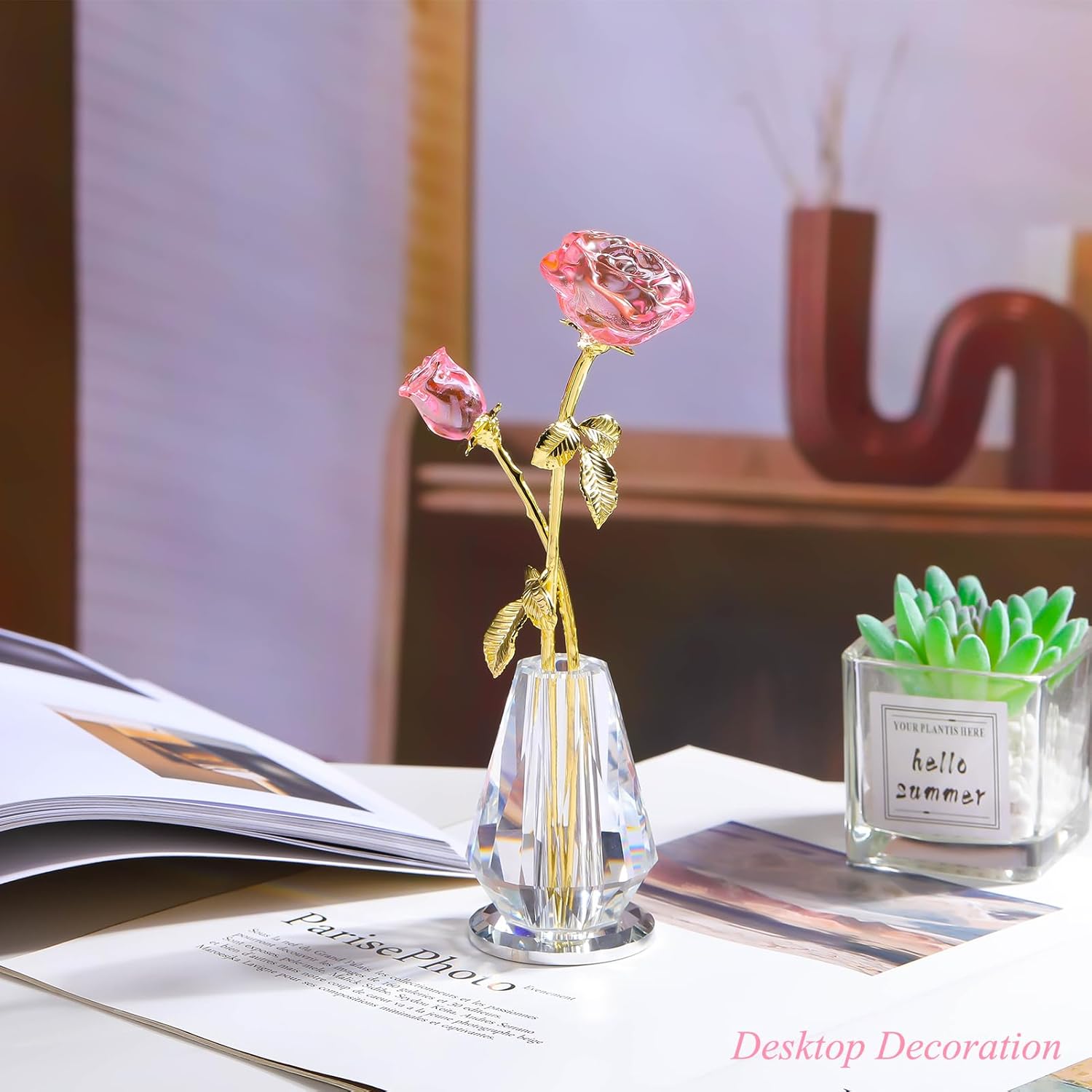 Arikyrist Crystal Rose Flowers Figurines Home Decor, Glass Pink Roses with Stems, Glass Flowers Collectible Figurines Crystal Pink Roses Gifts for Women on Mother's Day Valentine