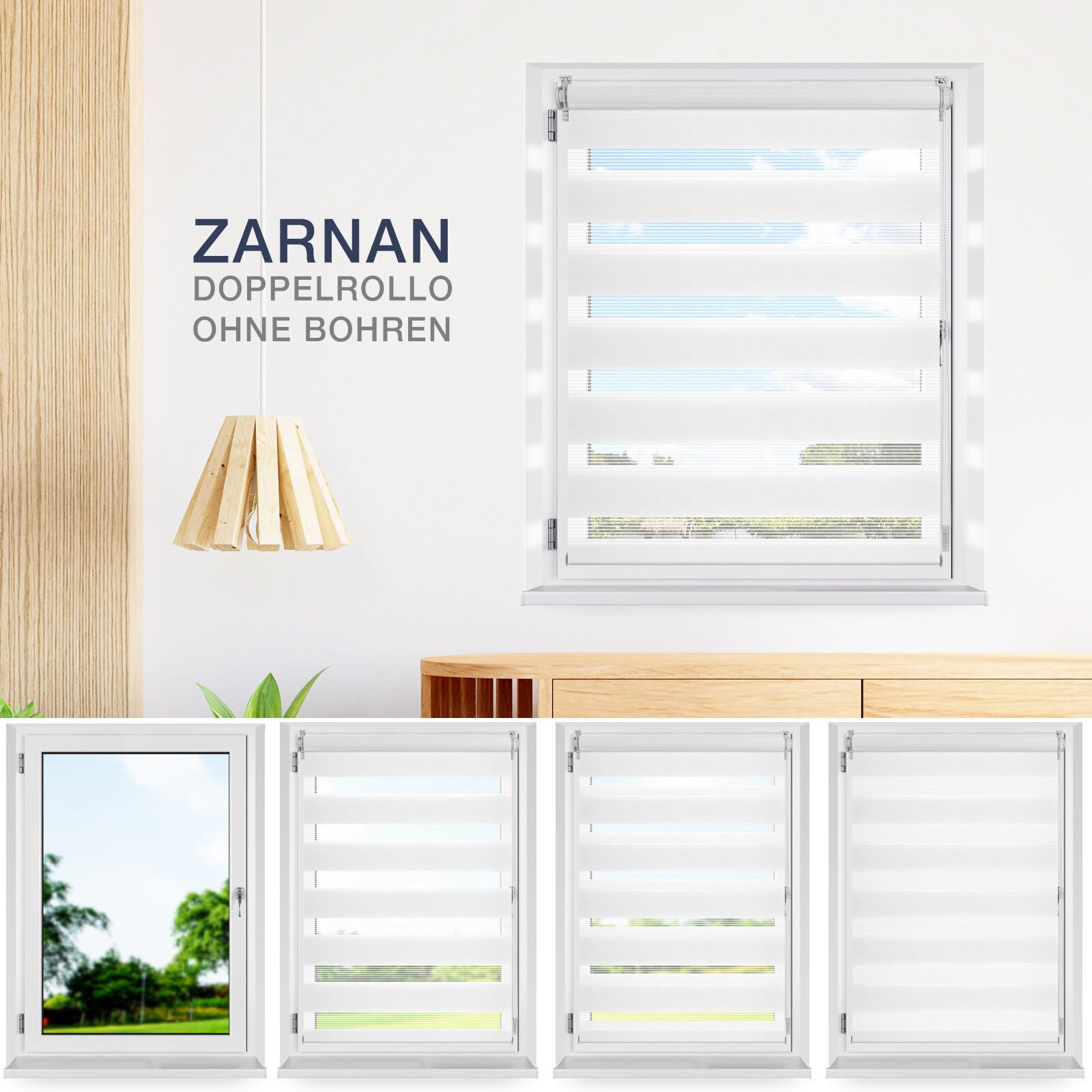 Zarnan Doppelrollo Klemmfix ohne Bohren Weiß 90x120cm(Stoffbreite 86cm) Duo Rollo Blickdicht Zebrarollo Rollos für Fenster ohne Bohren für Wohnzimmer Küche Büro lichtdurchlässig und verdunkelnd