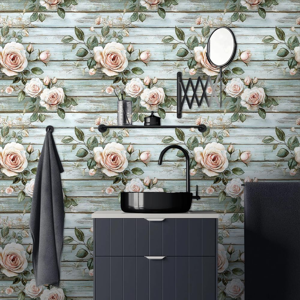 18"x236" Watercolor Pink Rose Peel Cyan Wood and Stick Wallpaper Easy Peel Off Contact Paper Vintage Vinyl Self Adhesive Removable Stick on Wall Paper for Kitchen Cabinet Renter Friendly