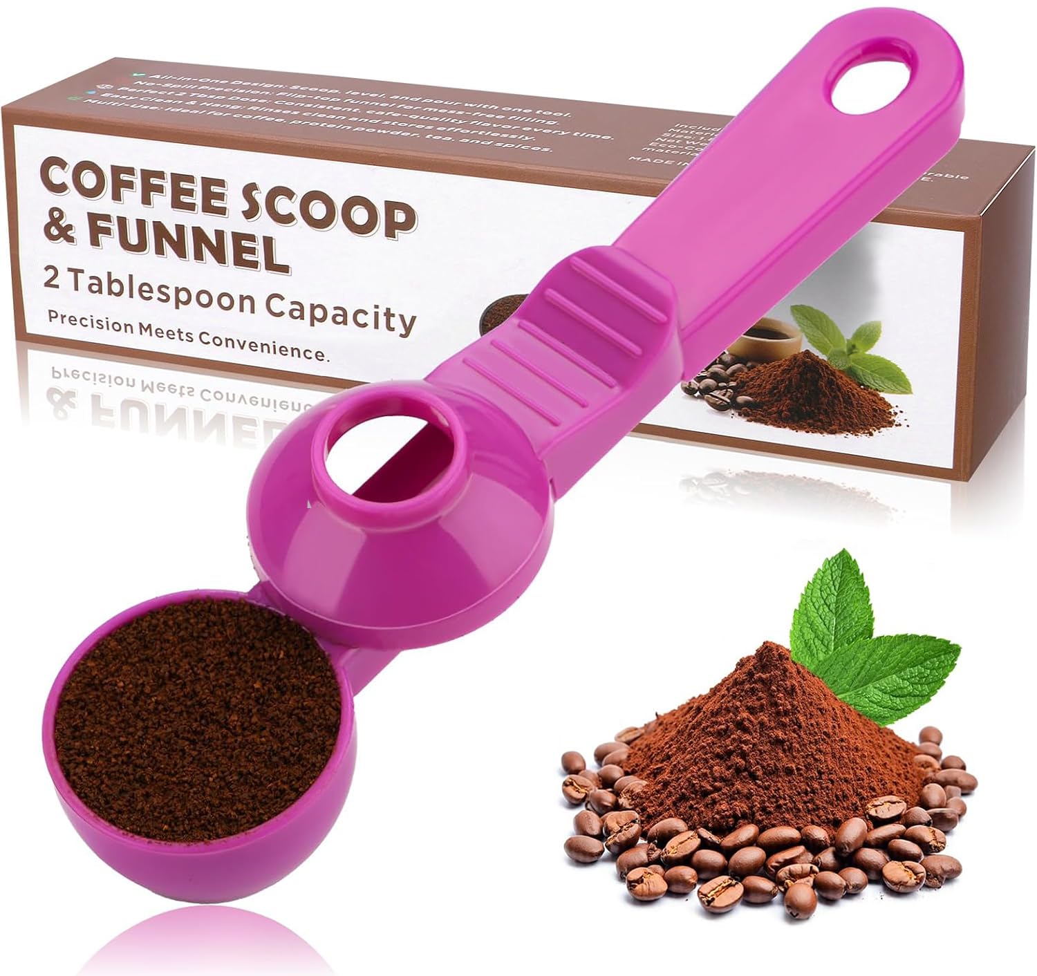 2-in-1 Coffee Scoop with Funnel, 2 Tbsp Measuring Spoon for Reusable K Cups, Ground Coffee, Protein Powder & Tea, Mess-Free Plastic Design（Rose Red-1pack）