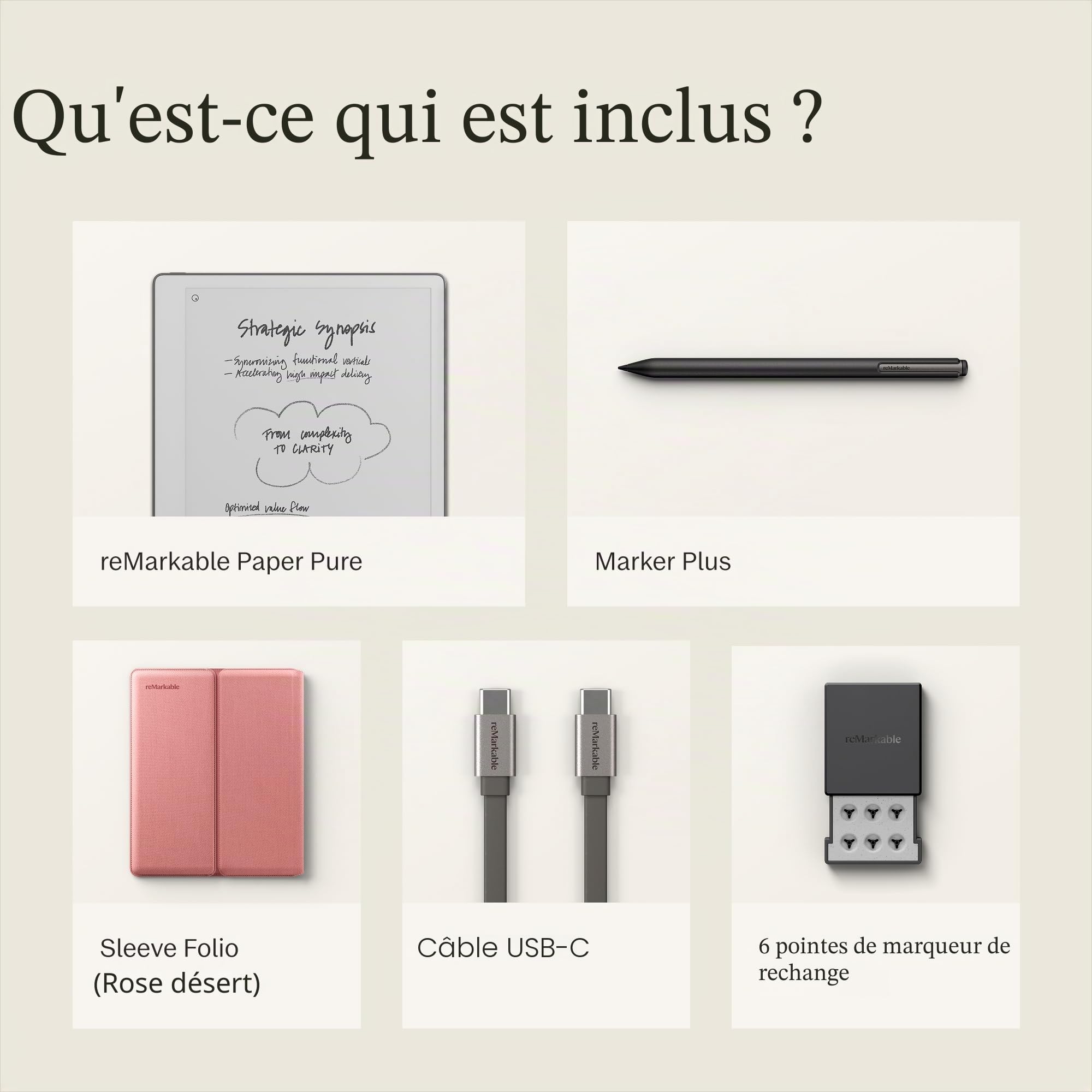 Remarkable Paper Pure – Pack avec Tablette Papier écran 10,3” Noir et Blanc, Stylet Marker Plus avec Gomme intégrée et Housse Sleeve Folio Rose Désert – Bloc-Notes numérique pour Mieux écrire et Lire