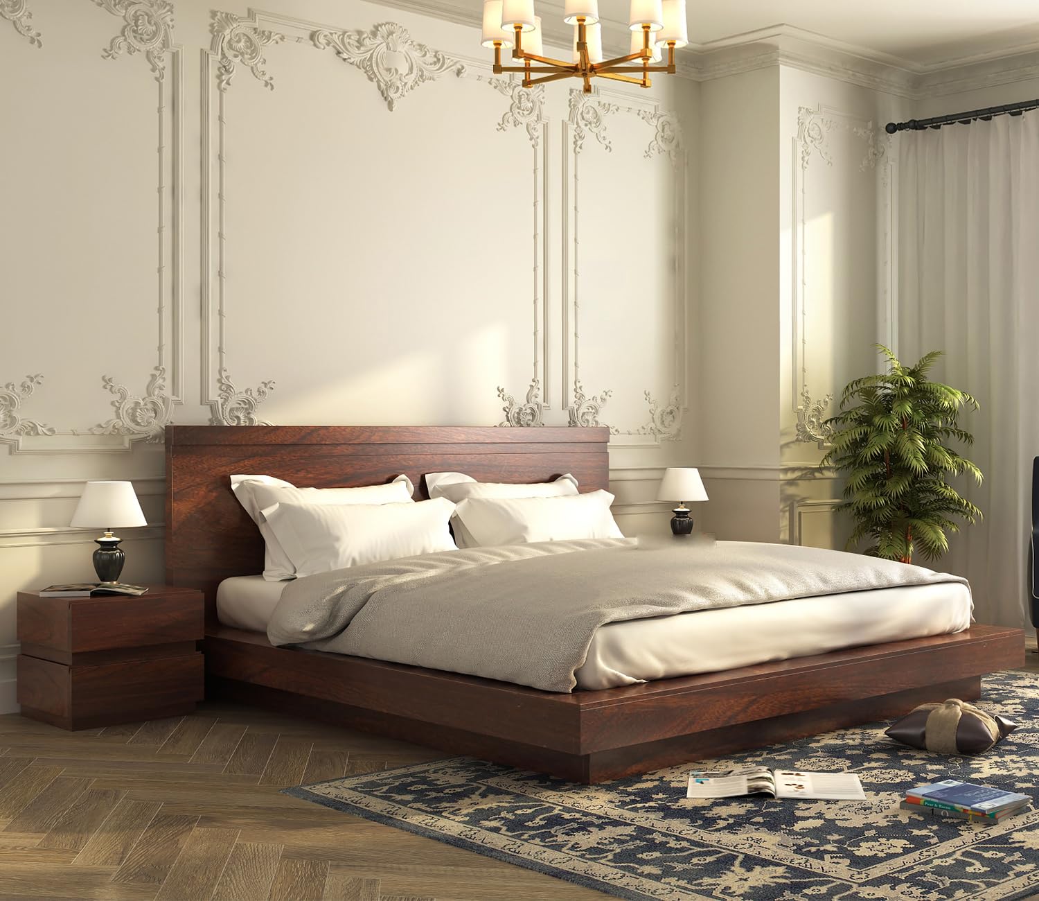 Bedosoft Furniture Wooden King Size Cot Without Storage - Solid Wood King Bed - 12 Month Warranty - Stylish Bedroom Furniture (King, Floriana, Walnut Finish)