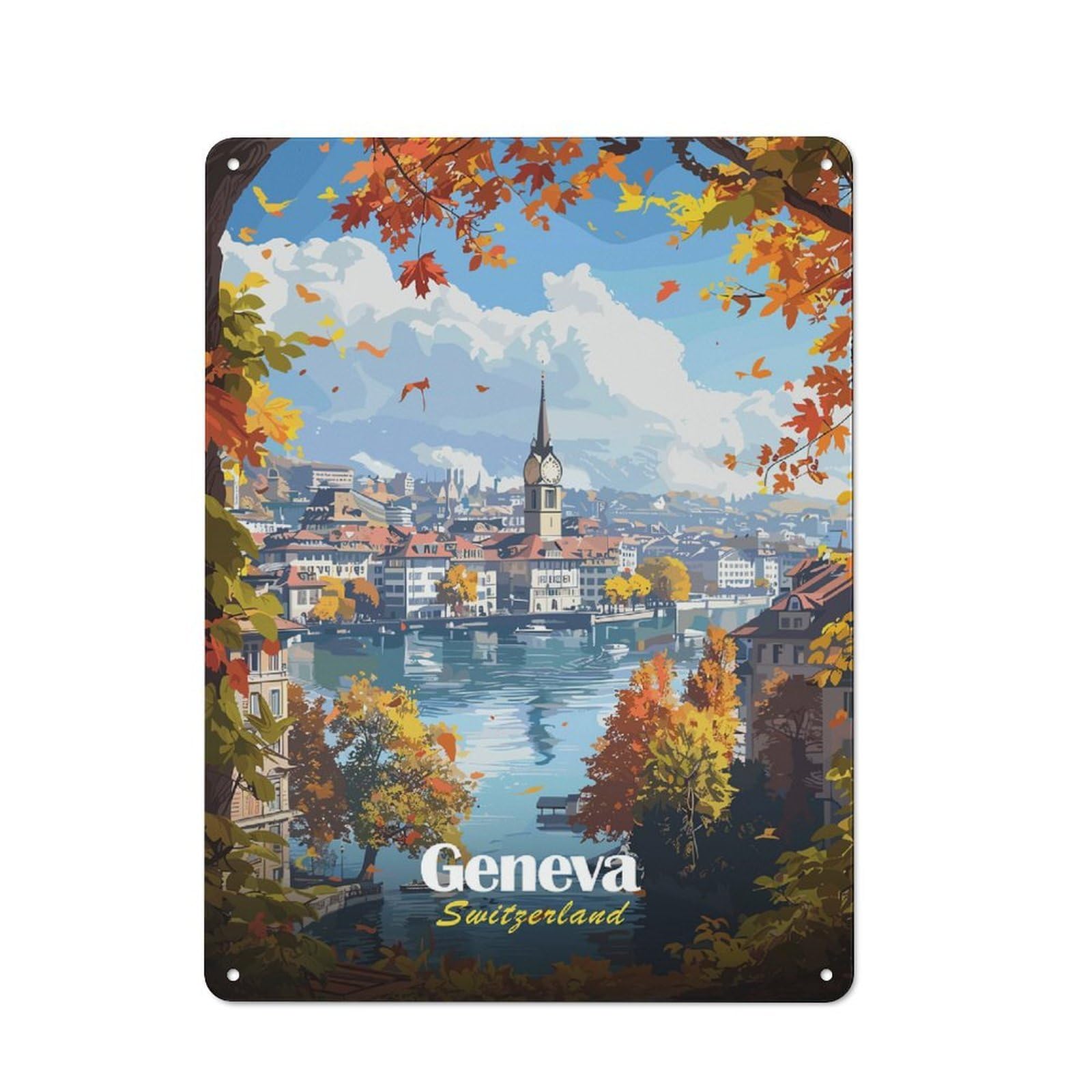 Loft Style Geneva, Switzerland Autumn View Decorative Metal Plaque 40x30cm, Studio Wall Art for Workspace, Cafe, Hallway Or Garage