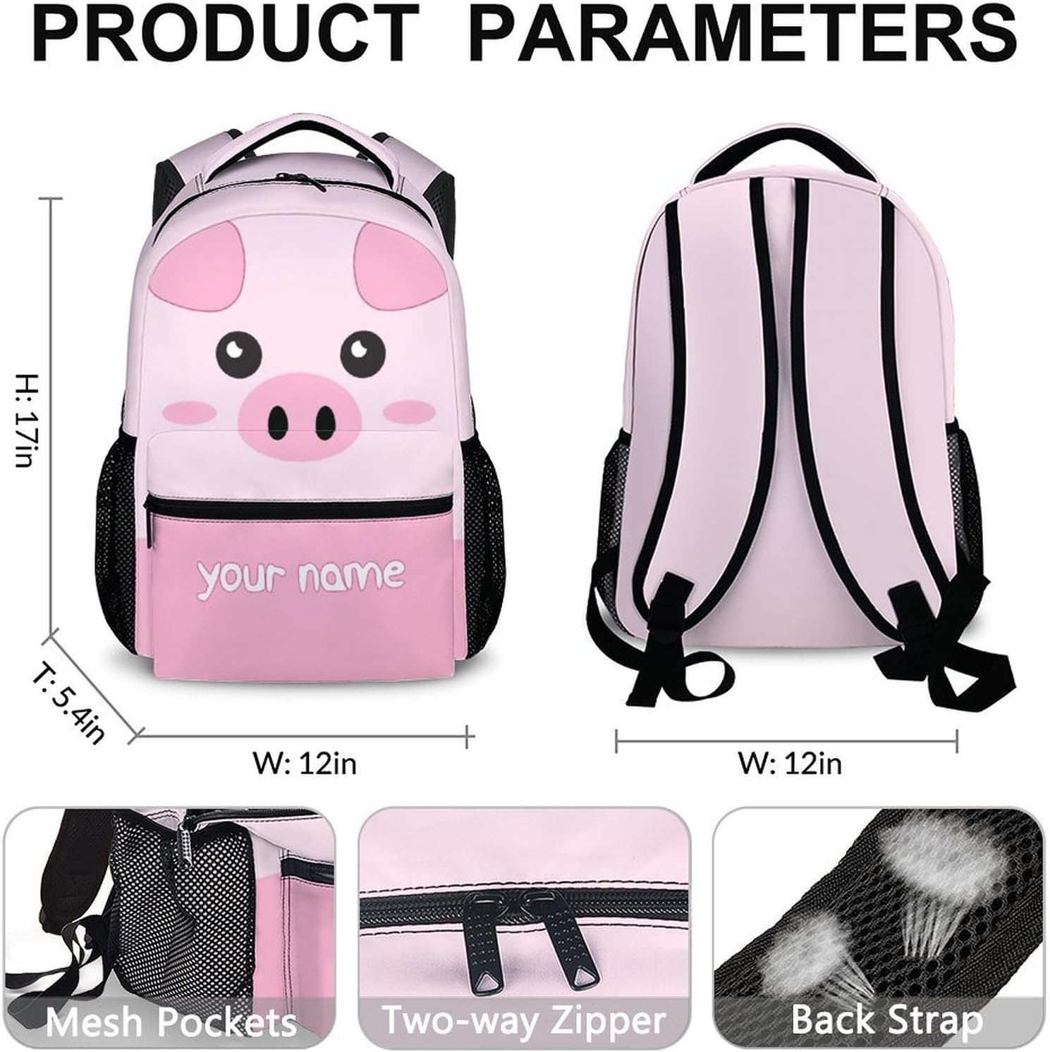 School Backpack for Girls - Custom Pig Girls Backpacks with Name for Kids Student Preschool 17" Bookbag for School Travel