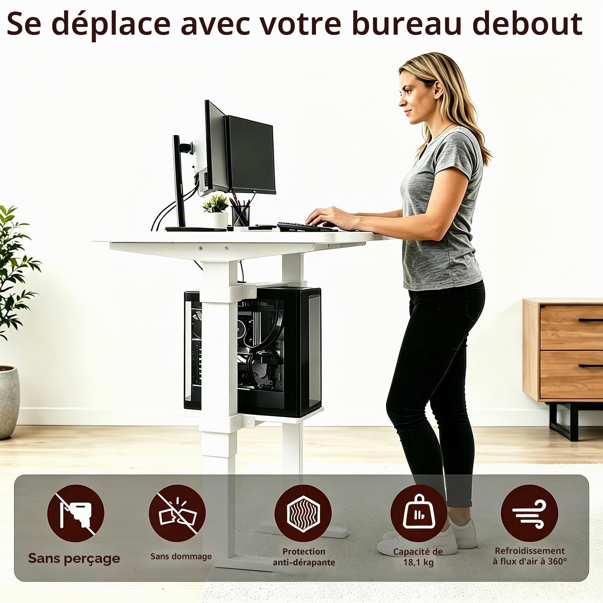 Mihawk Support PC réglable sous le bureau Sans perçage Support CPU pour bureaux réglables en hauteur Charge max 18 kg (40 lbs) Pour pieds de bureau 50 × 80 mm (blanc)