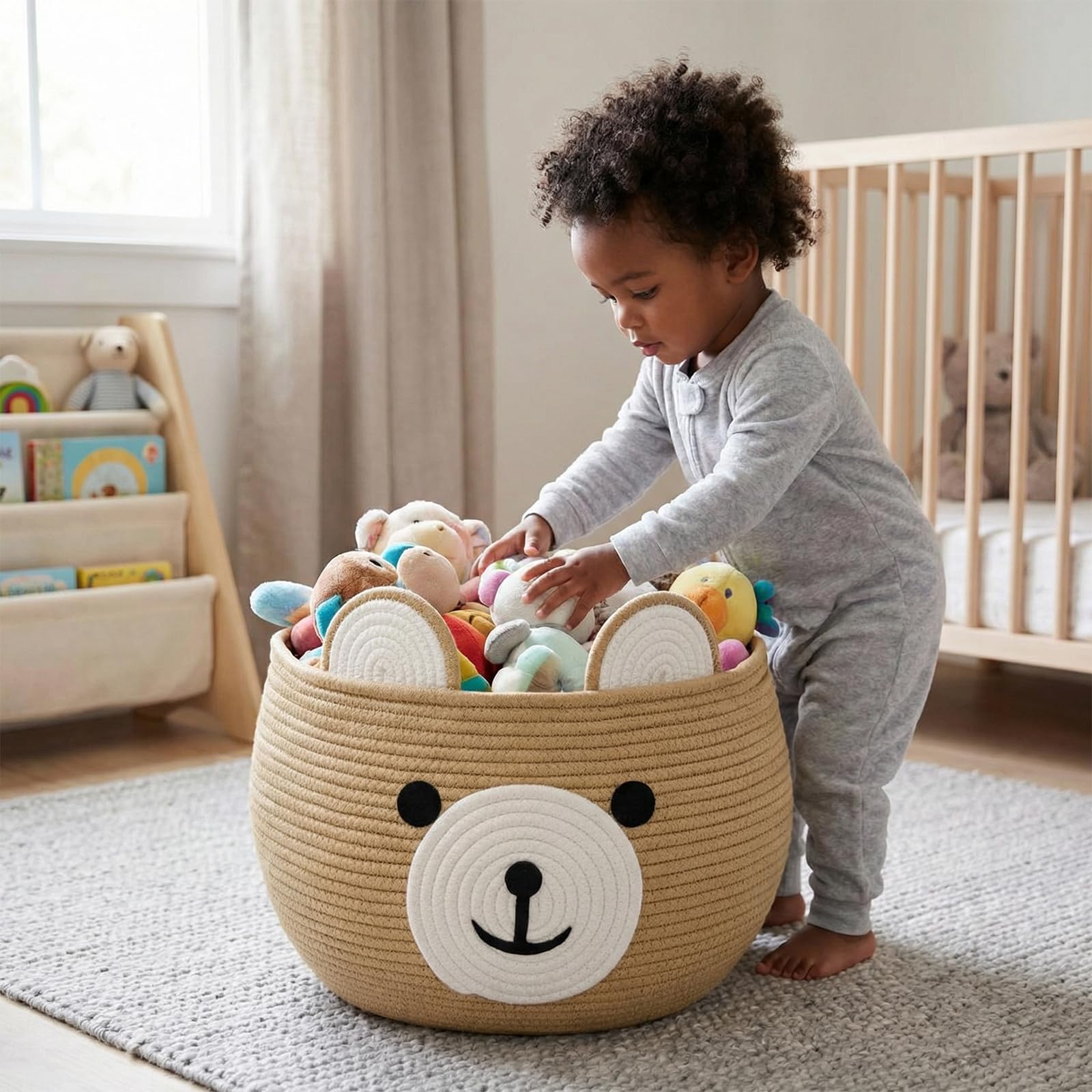Babykorb，Korb für Geschenke，Baby Organizer aus Baumwollseil，Wäschekorb Kinder，Organizer Kinderzimmer Niedlichen Bären Design，zur Aufbewahrung von Säuglings Essentials, Khaki Baby